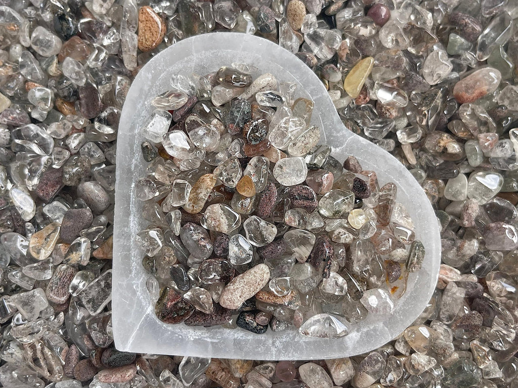 GAF TREASURES 2 oz Lot Natural Semi Tumbled Gemstone Chips, Crushed Mini Crystals, Undrilled Crystal Chips (Rutilated Quartz Mix