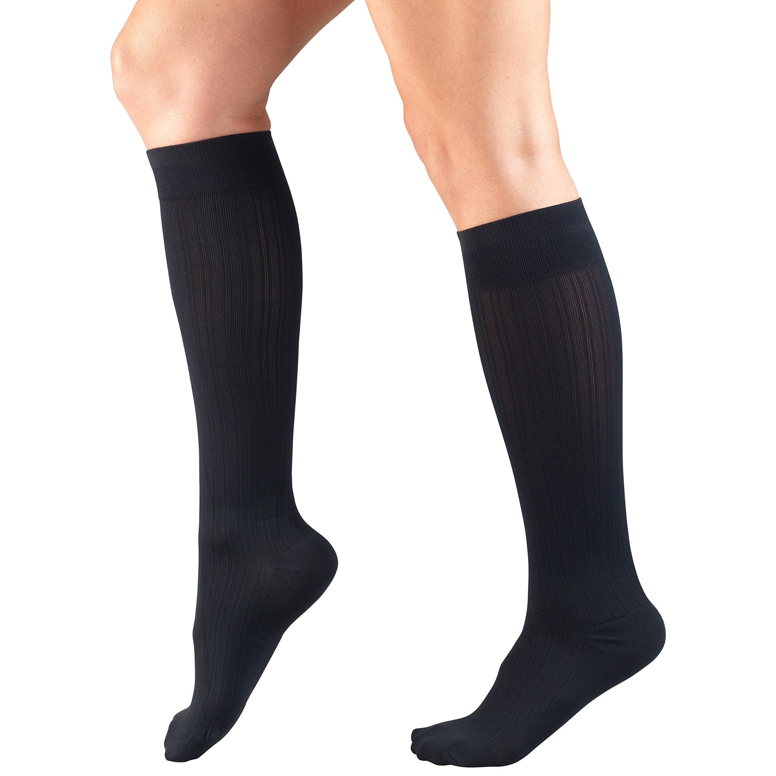 Truform Compression Socks, 15-20 mmHg, Women's Dress Socks, Knee High Over Calf Length, Navy Rib Knit, X-Large