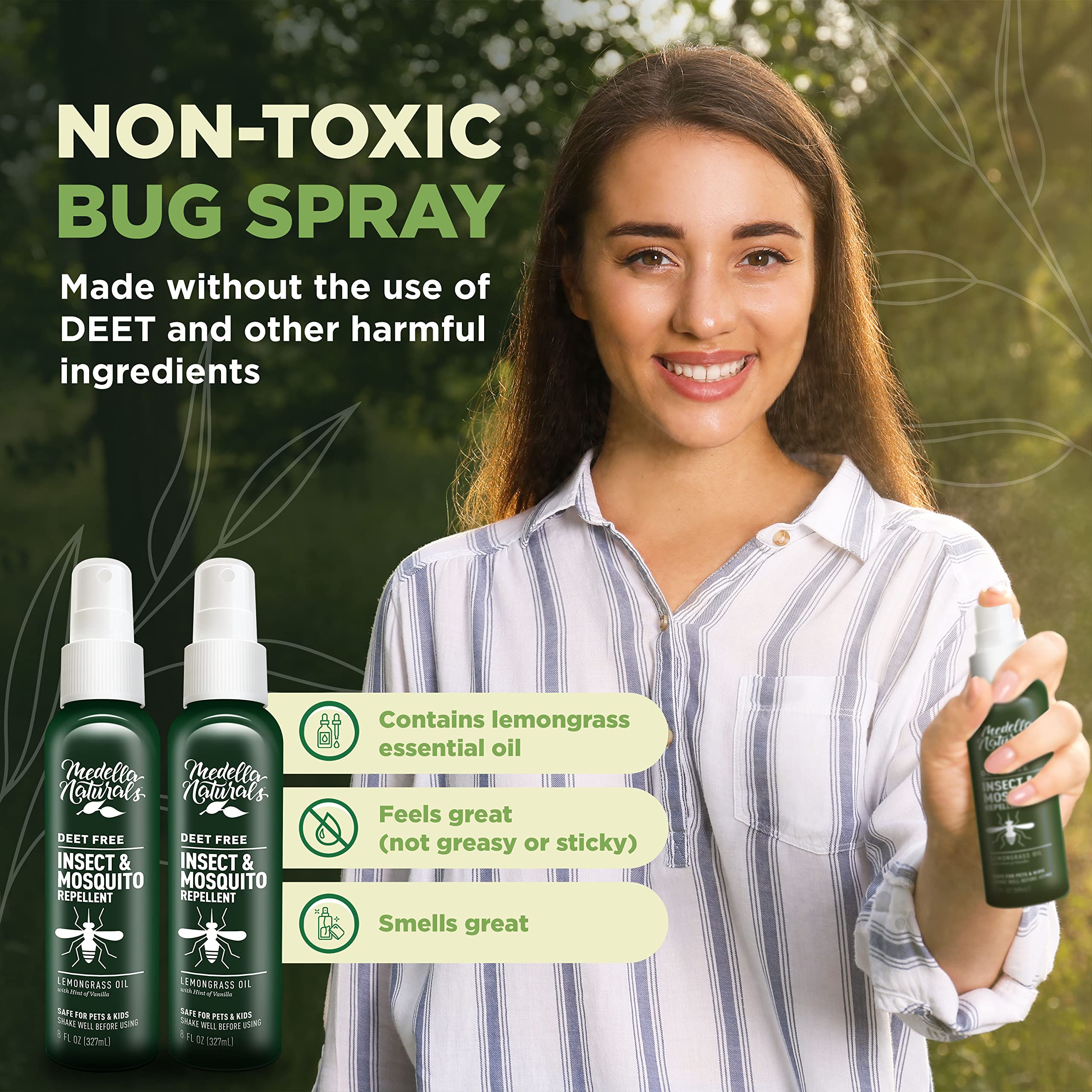 Deet-Free Insect & Mosquito Repellent Pack of 2 (8 oz) - Nice Smelling Insect Repellent with Lemongrass Oil Safe for Pets and Ki