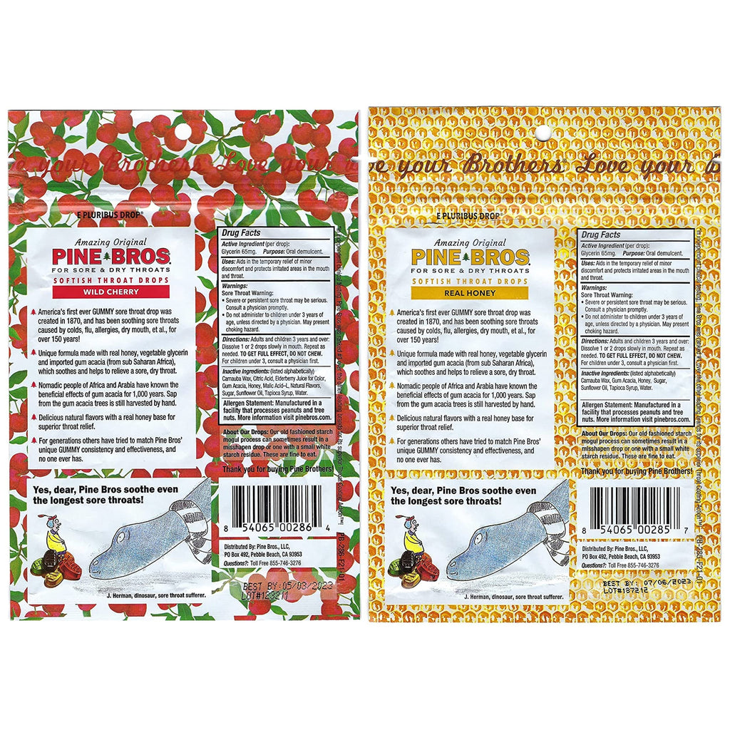 Pine Bros. Bundle-Two Flavors Softish Throat Drops, Natural Honey 30 Ct / Wild Cherry 30 Ct