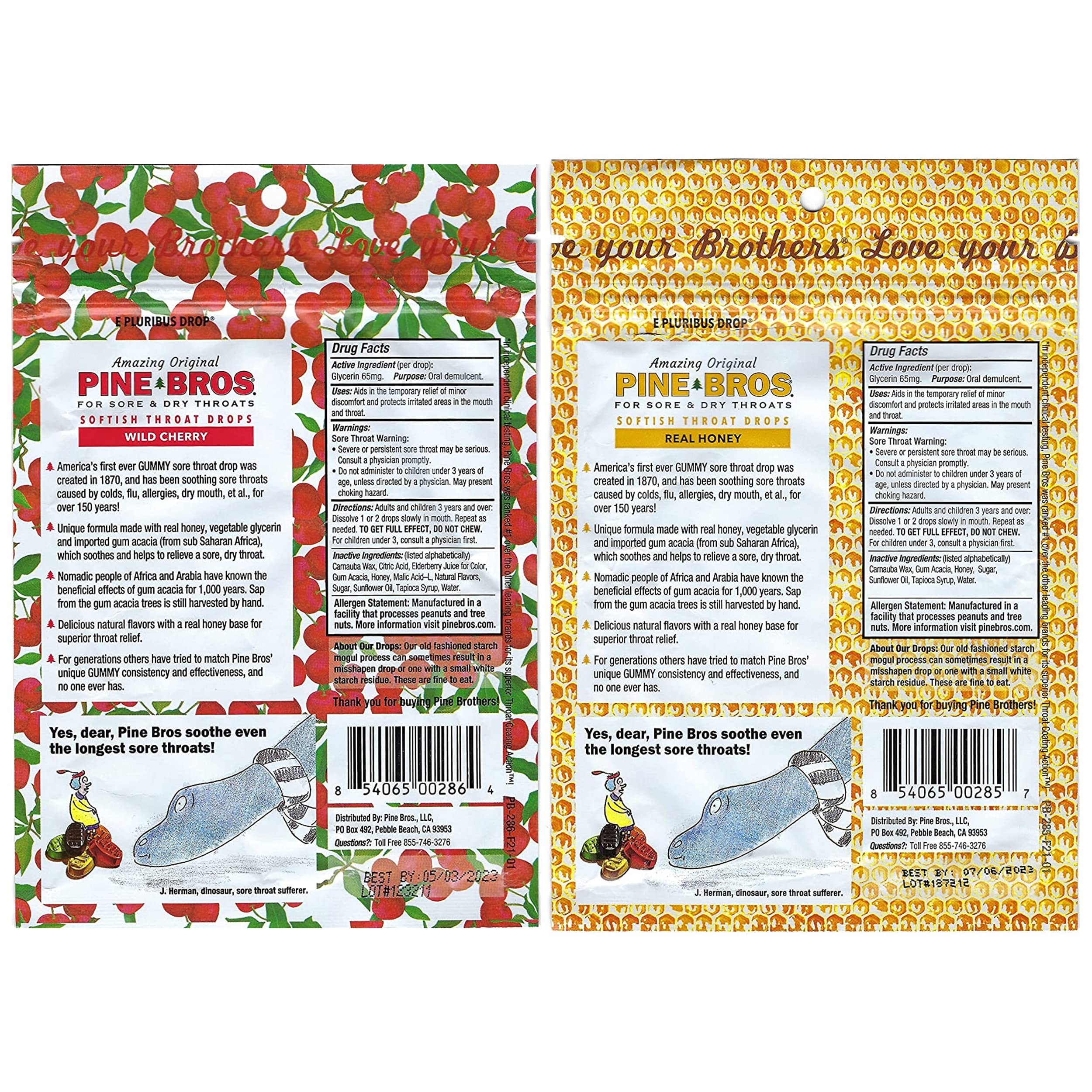 Pine Bros. Bundle-Two Flavors Softish Throat Drops, Natural Honey 30 Ct / Wild Cherry 30 Ct