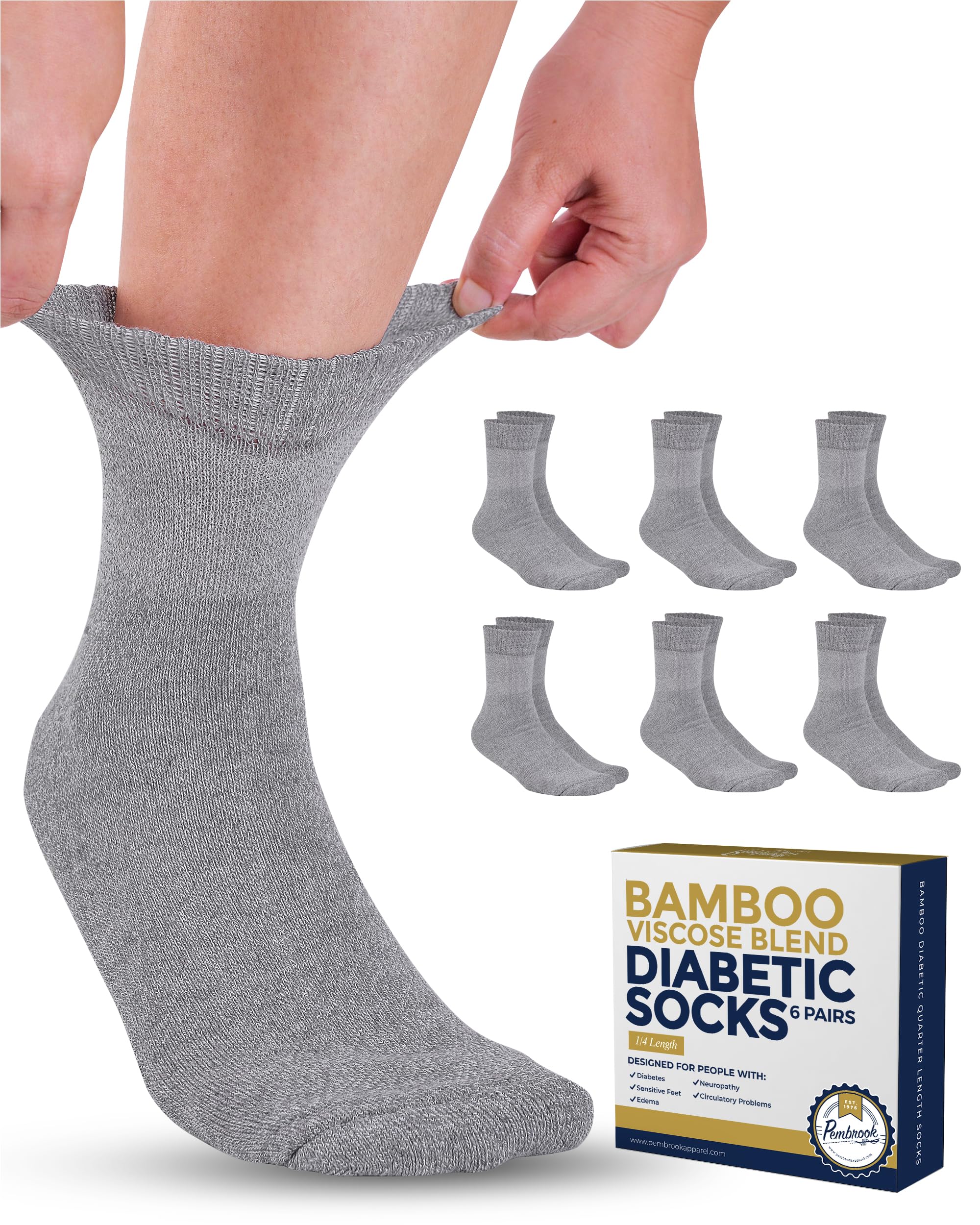 Pembrook Bamboo Viscose Diabetic Socks for Women & Men - 6 Pairs Ankle Socks for Swollen Feet | Neuropathy Socks | Moisture Wick