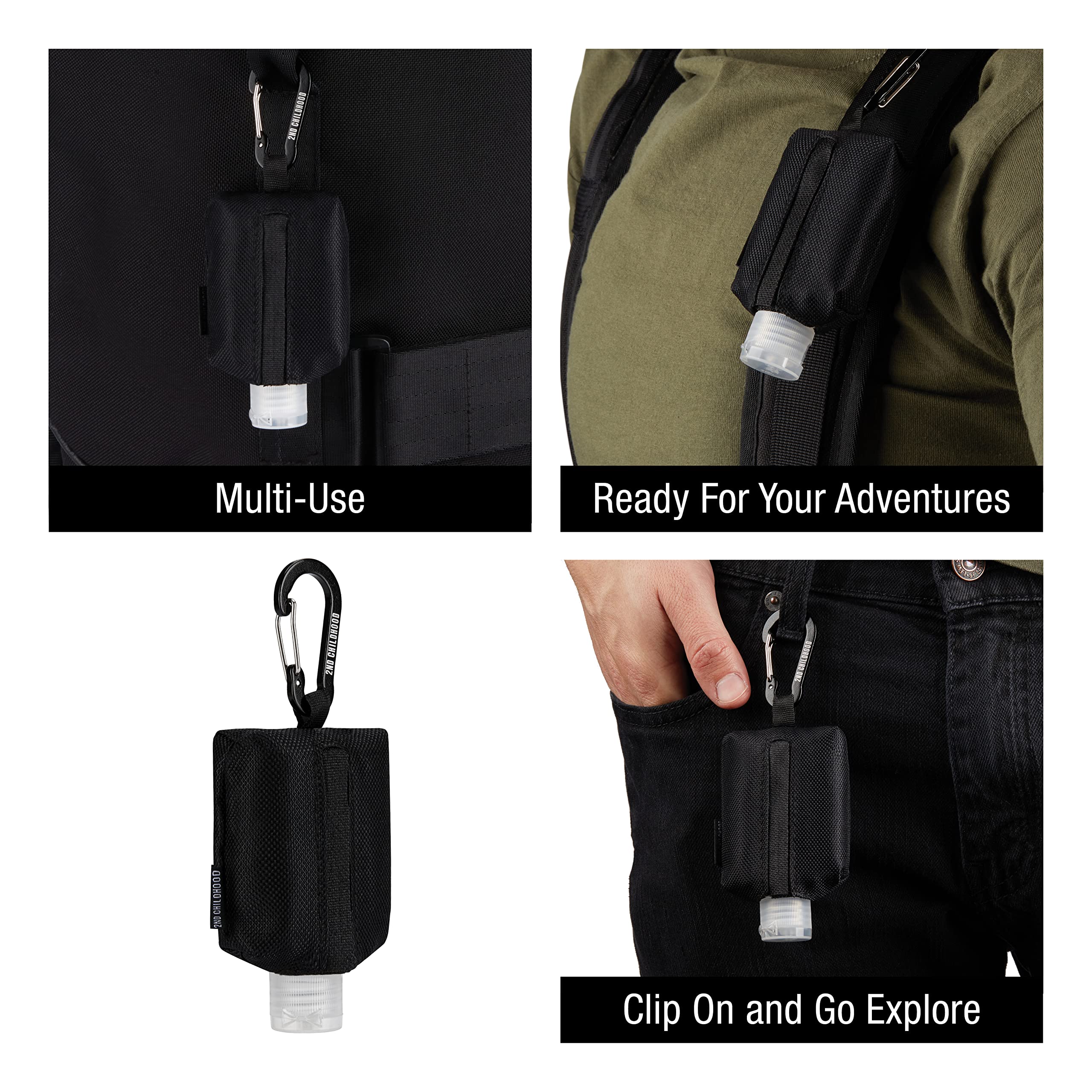 2nd Childhood Sanitizer Holder Bag; Travel Size Empty 2 oz Refillable Bottle; Carabiner Clips on to Backpack or Purse