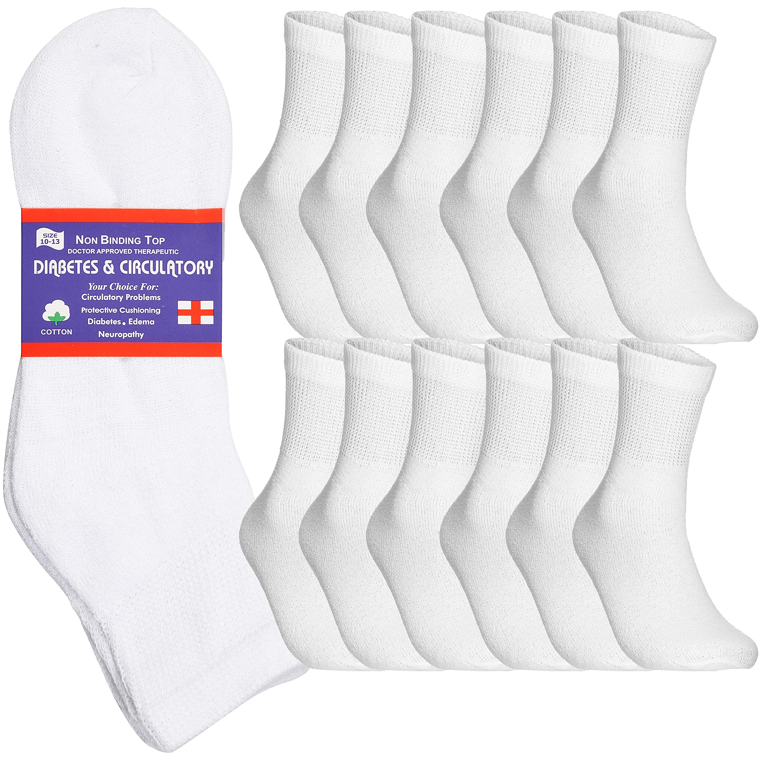 Special Essentials 12 Pairs Cotton Diabetic Ankle Socks - Non-Binding With Extra Wide Top For Men and Women White 10-13