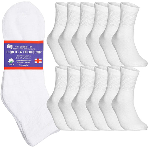 Special Essentials 12 Pairs Cotton Diabetic Ankle Socks - Non-Binding With Extra Wide Top For Men and Women White 10-13