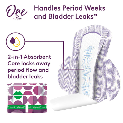One by Poise Feminine Pads with Wings (2-in-1 Period & Bladder Leakage Pad for Women), Regular, Heavy Absorbency for Period Flow