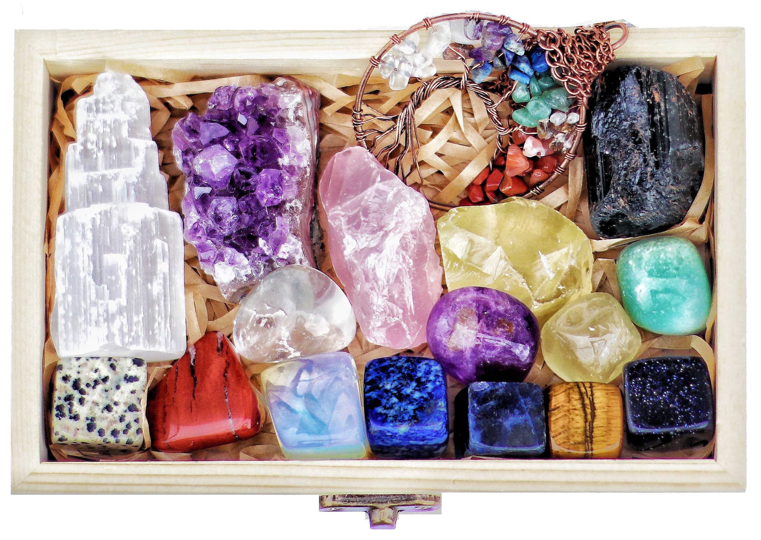 AtPerry's 16 LARGE Natural Healing Crystals Set in Wooden Box - Tumbled, Rough & Raw Crystals, Including Selenite Tower, Black T