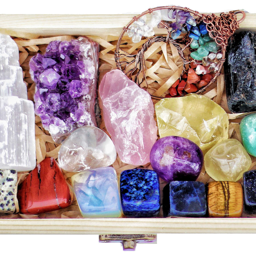 AtPerry's 16 LARGE Natural Healing Crystals Set in Wooden Box - Tumbled, Rough & Raw Crystals, Including Selenite Tower, Black T