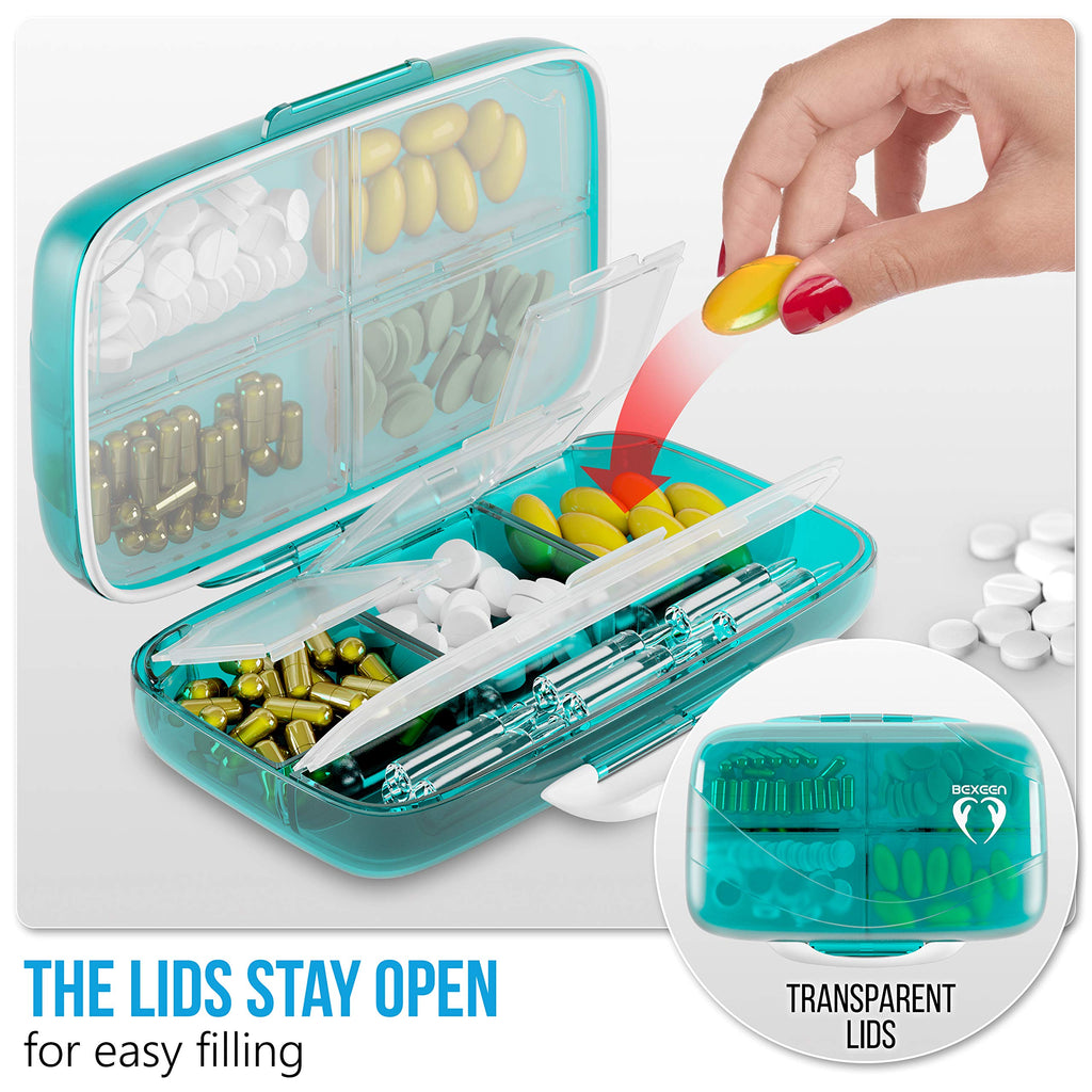 Travel Pill Organizer - Airtight Medicine Case for Traveling Portable Pharmacy Box with Labels Vitamin Container 8 Compartment S