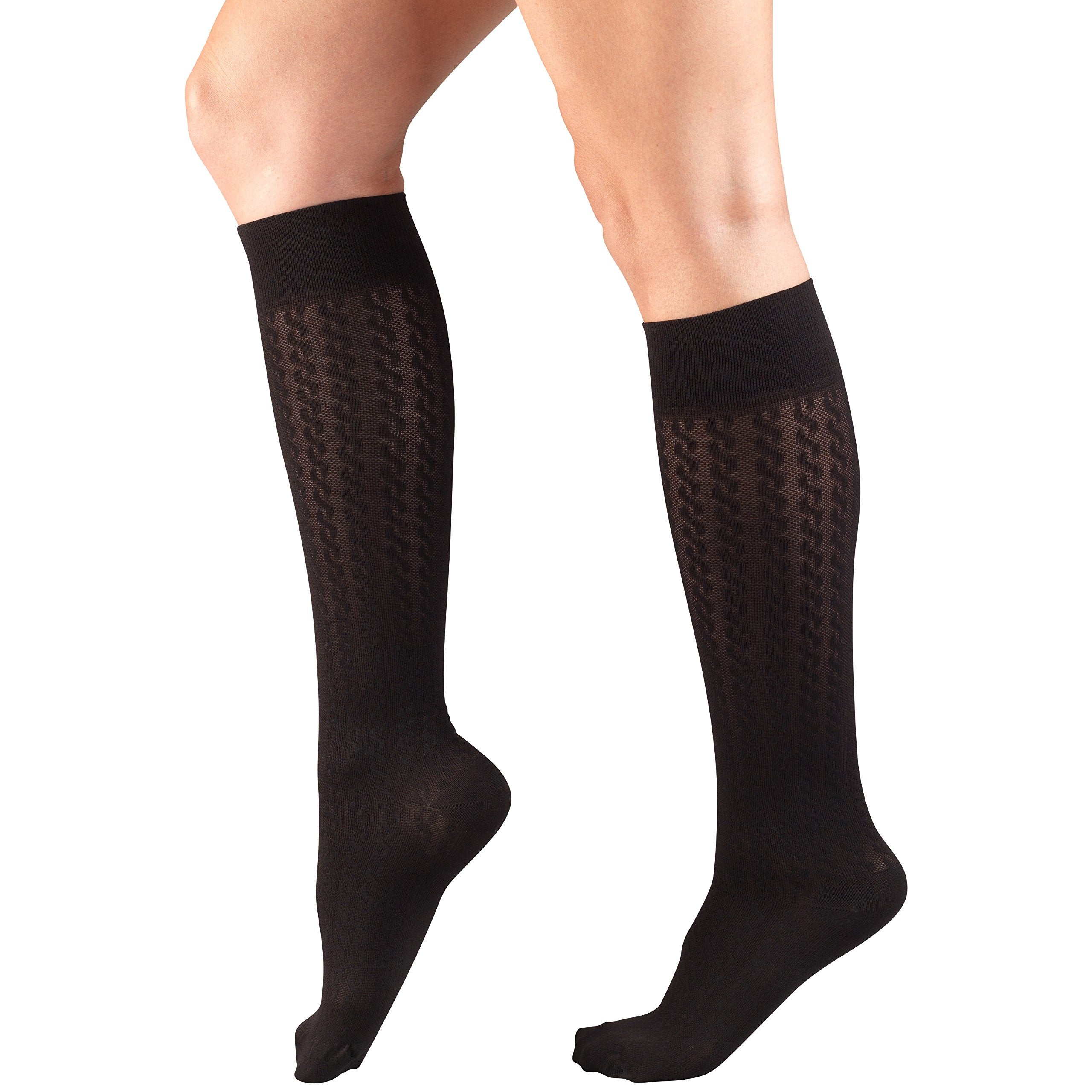 Truform Compression Socks, 15-20 mmHg, Women's Dress Socks, Knee High Over Calf Length, Black Cable Knit, Large