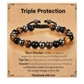 Gnamy Triple Protection Beaded Bracelet Gifts for Men, Adjustable Tiger Eye Black Obsidian Hematite Bracelets Christmas Birthday