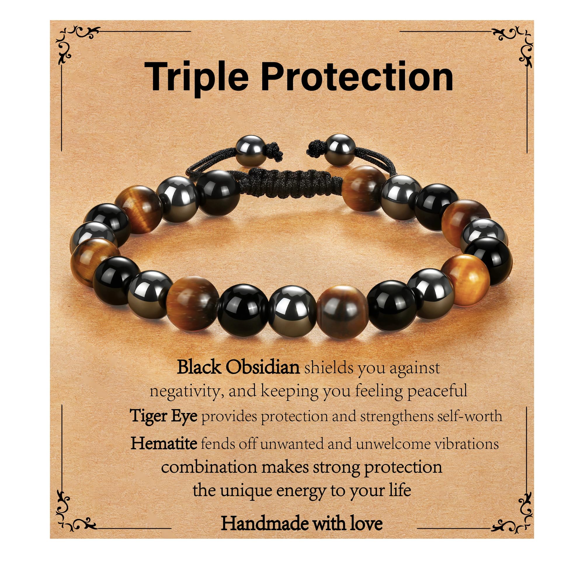 Gnamy Triple Protection Beaded Bracelet Gifts for Men, Adjustable Tiger Eye Black Obsidian Hematite Bracelets Christmas Birthday