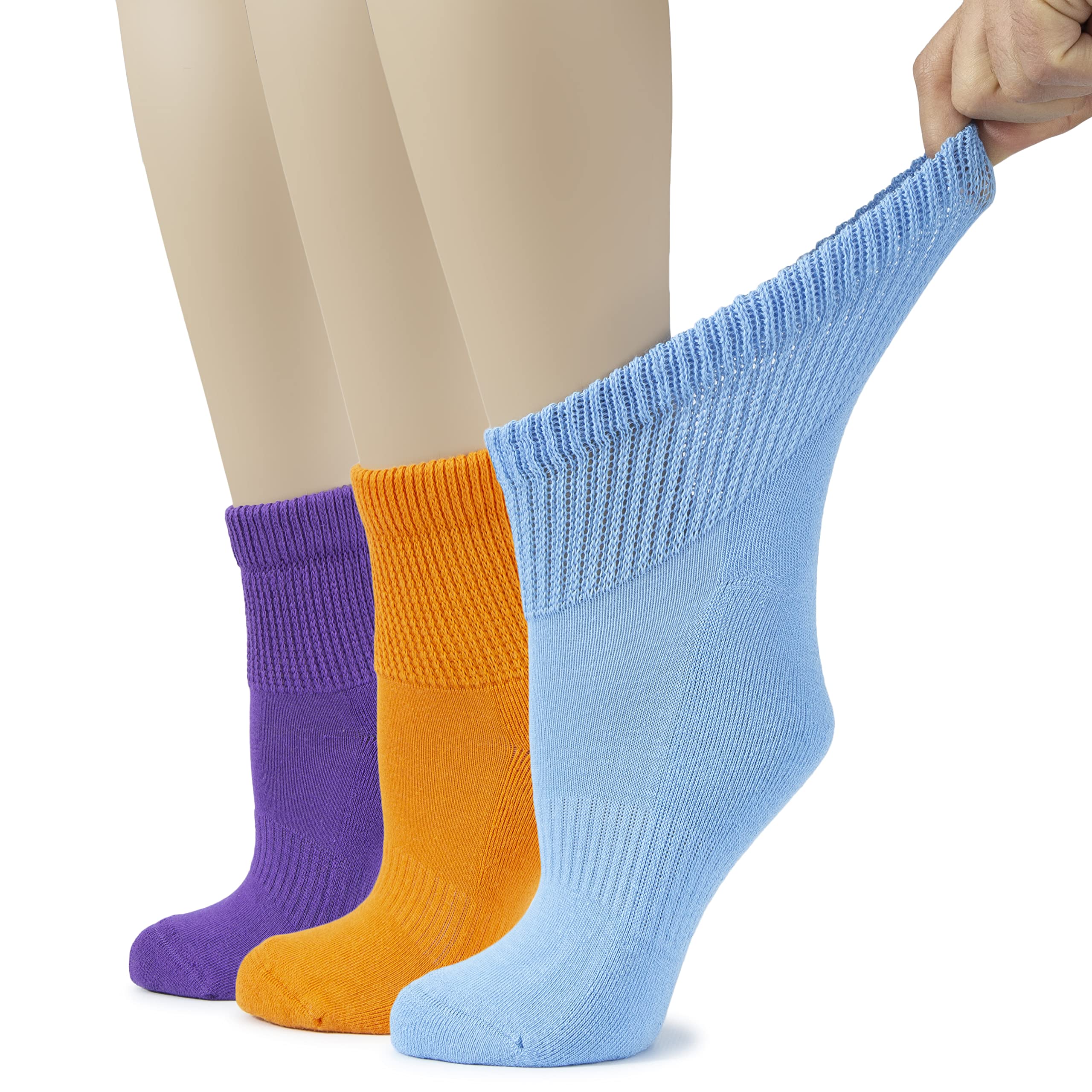 Hugh Ugoli Women's Cotton Diabetic Ankle Socks, Wide, Loose & Stretchy, Seamless Toe & Non Binding Top, 3 Pairs, Purple/Pumpkin 