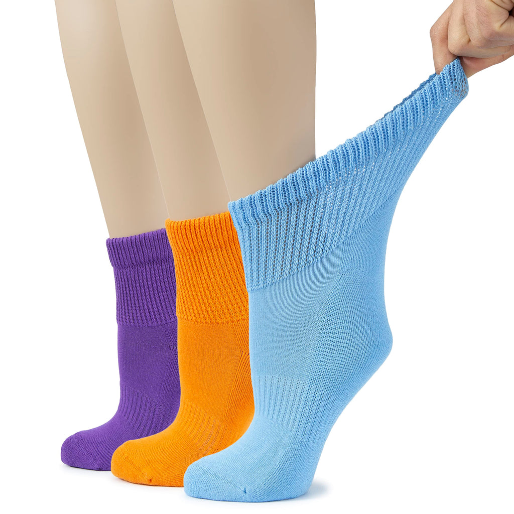 Hugh Ugoli Women's Cotton Diabetic Ankle Socks, Wide, Loose & Stretchy, Seamless Toe & Non Binding Top, 3 Pairs, Purple/Pumpkin 