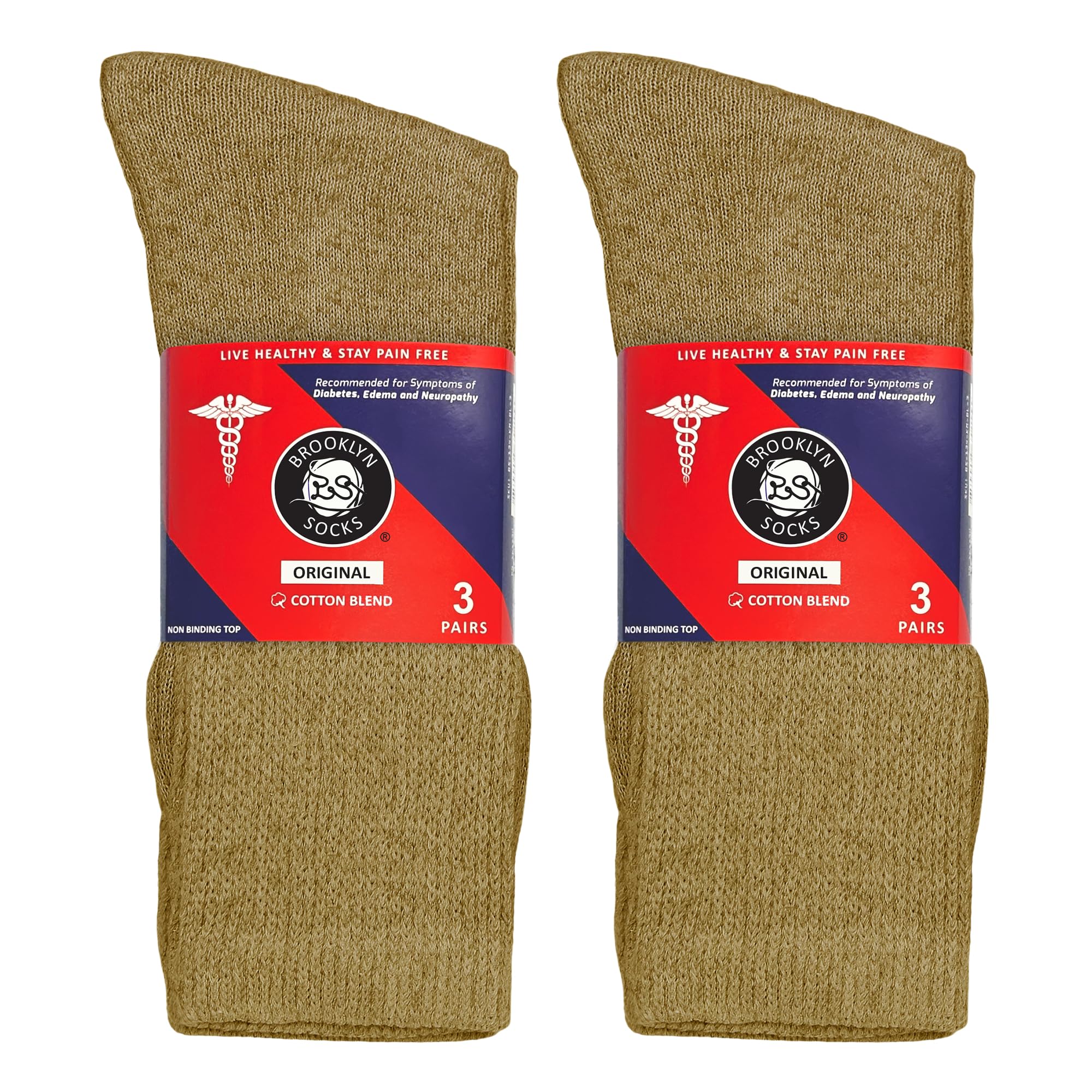 6 Pairs of Cotton Diabetic Non-Binding Neuropathy Crew Socks (Khaki, Fits Mens Shoe Size 9-12/Womens Shoe Size 10-13)