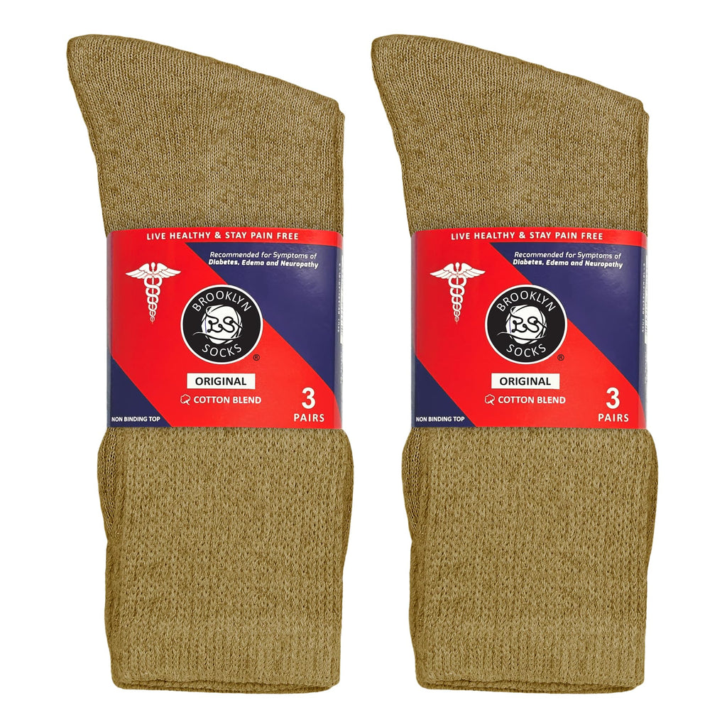 6 Pairs of Cotton Diabetic Non-Binding Neuropathy Crew Socks (Khaki, Fits Mens Shoe Size 8-10/Womens shoe size 9-11)