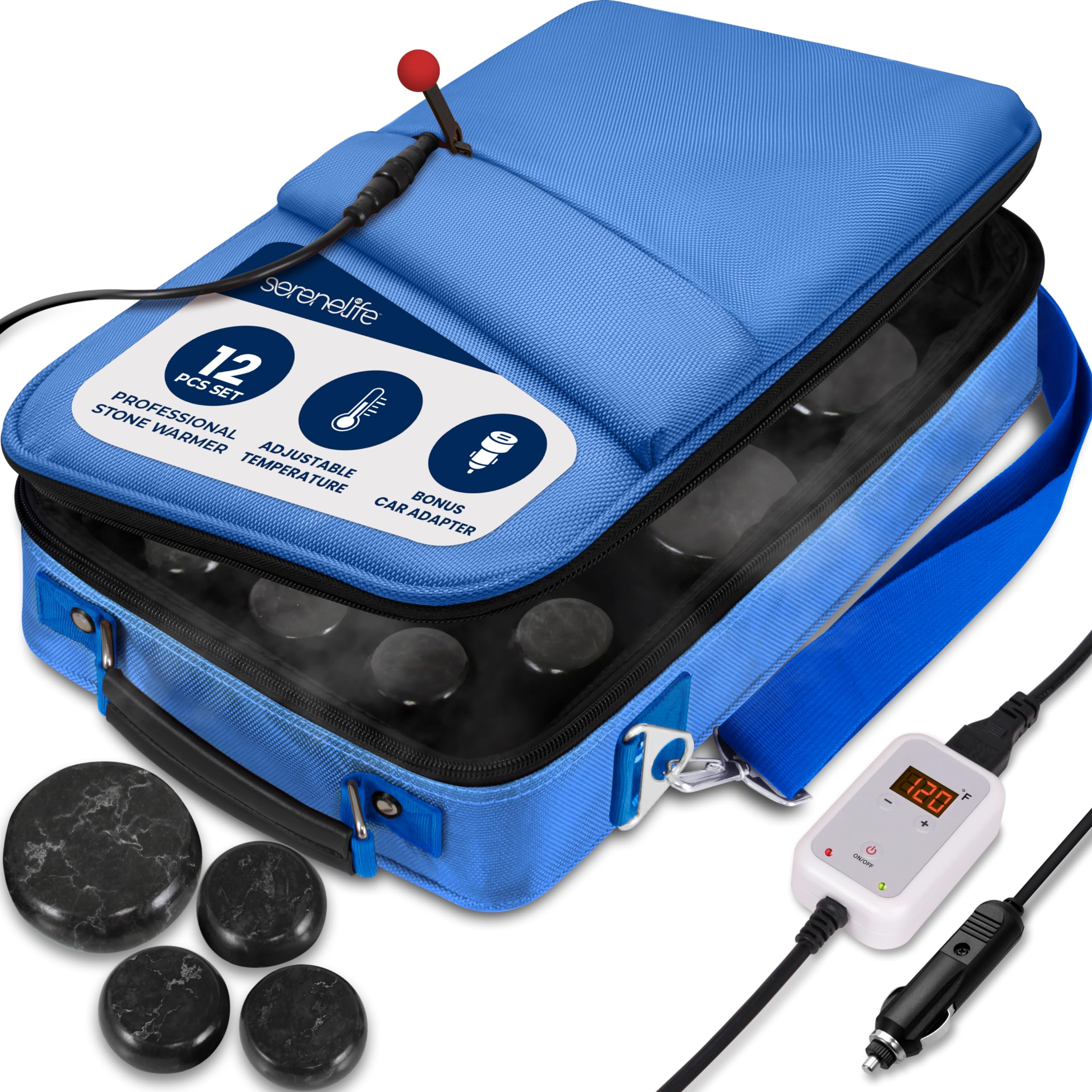 Portable Massage Stone Warmer Set - Electric Spa Hot Stones Massager and Heater Kit with 6 Large and 6 Small Round Shaped Basalt