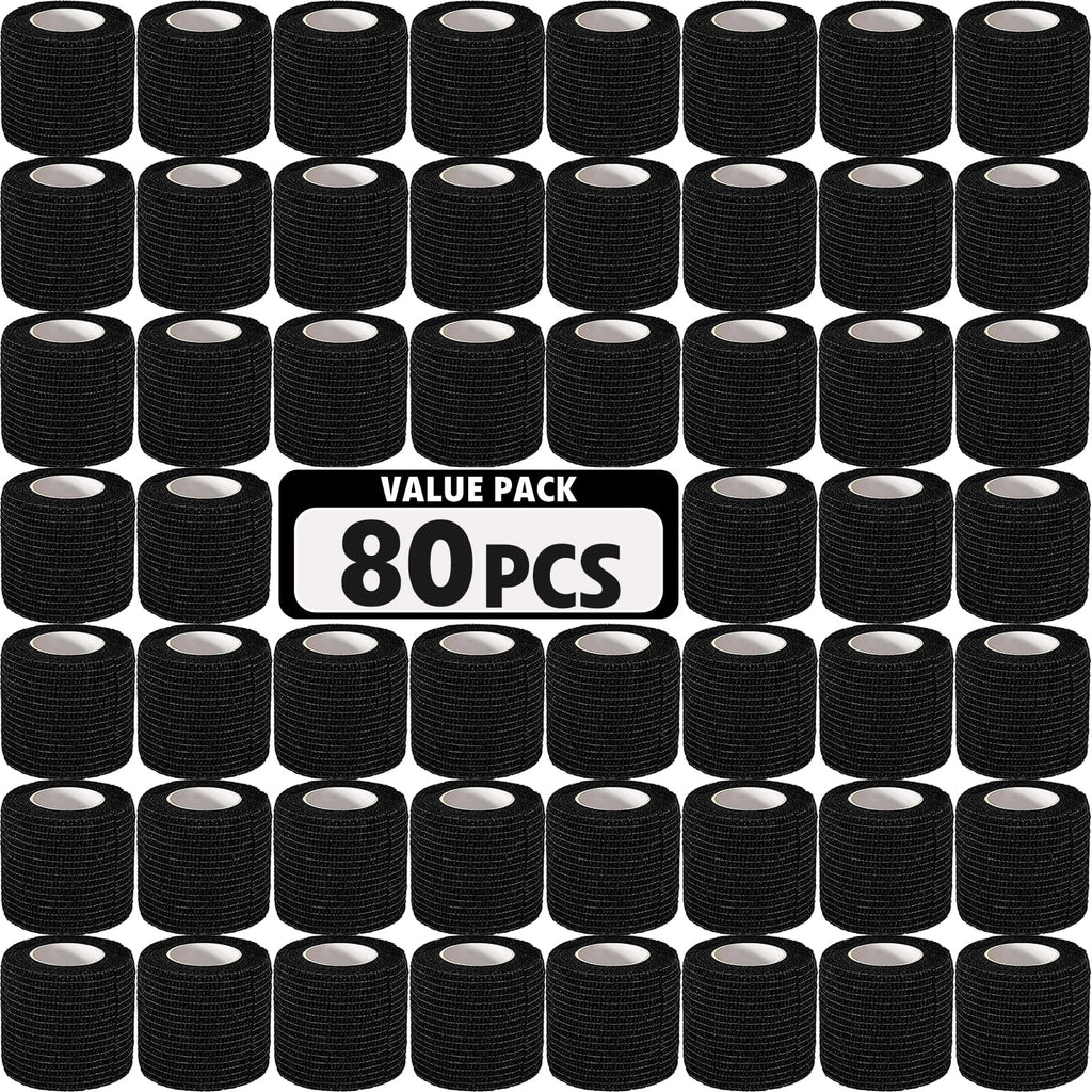 AZEN 80 Pack Self Adhesive Bandage Wrap Black, 2 X 5 Yards Black Athletic Tape, Vet Wrap, Tattoo Grip Tape Wrap,Ankle Tape, Cohe