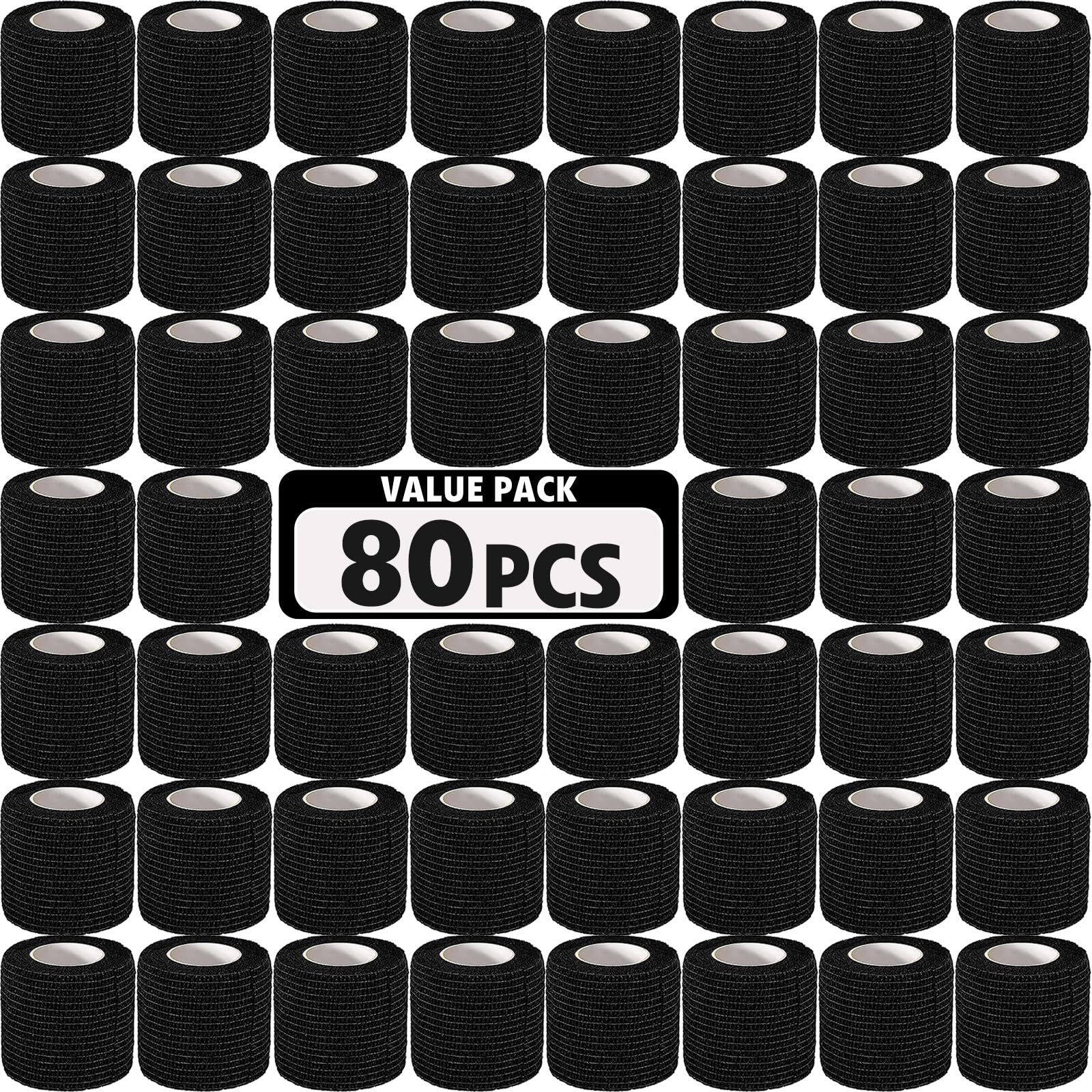 AZEN 80 Pack Self Adhesive Bandage Wrap Black, 2 X 5 Yards Black Athletic Tape, Vet Wrap, Tattoo Grip Tape Wrap,Ankle Tape, Cohe