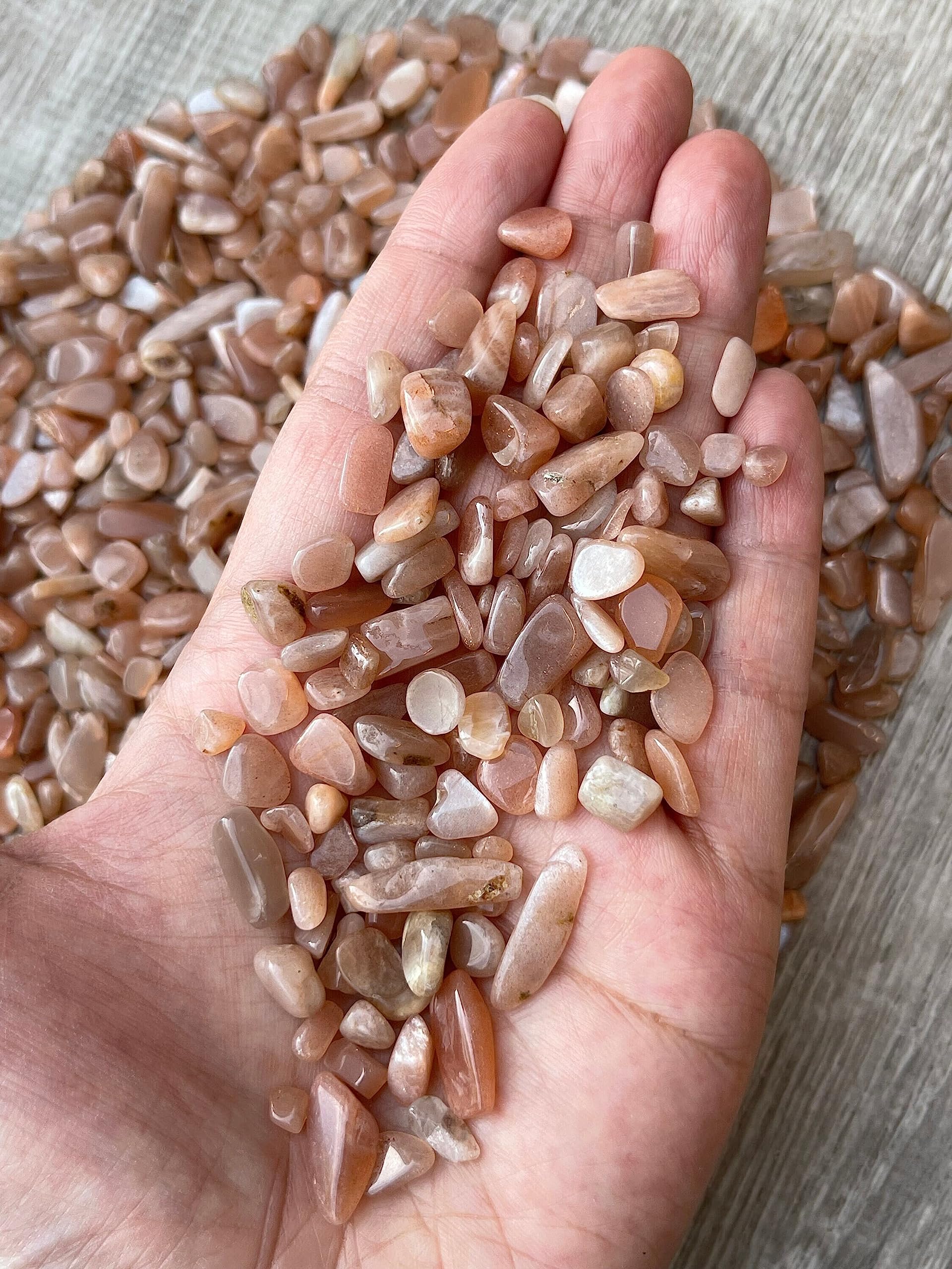 GAF TREASURES 2 oz Lot Natural Semi Tumbled Gemstone Chips, Crushed Mini Crystals, Undrilled Crystal Chips (Peach Moonstone)