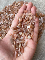 GAF TREASURES 2 oz Lot Natural Semi Tumbled Gemstone Chips, Crushed Mini Crystals, Undrilled Crystal Chips (Peach Moonstone)