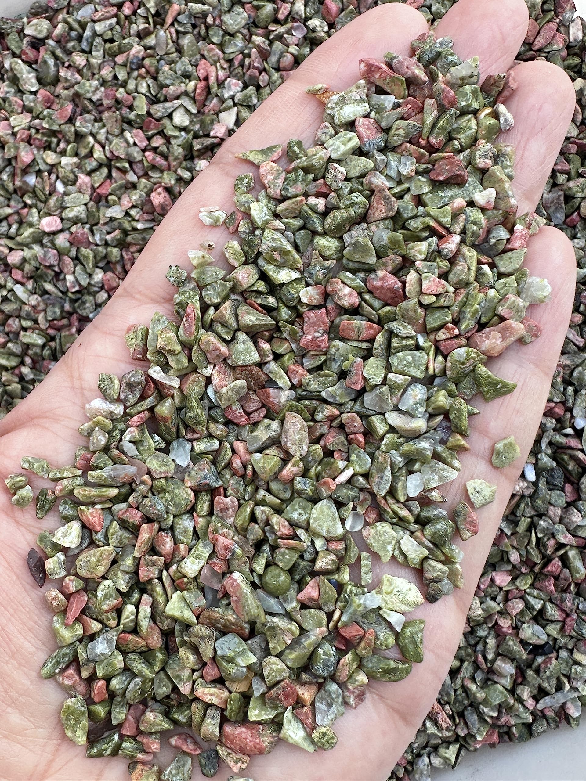 GAF TREASURES 2 oz Lot Natural Semi Tumbled Gemstone Chips, Crushed Mini Crystals, Undrilled Crystal Chips (Unakite)