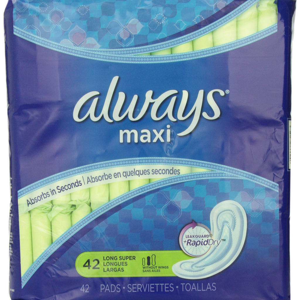 Always Maxi Size 2 Super Pads for Women, Without Wings, Unscented, 42 Count - Pack of 4 (168 Count Total)