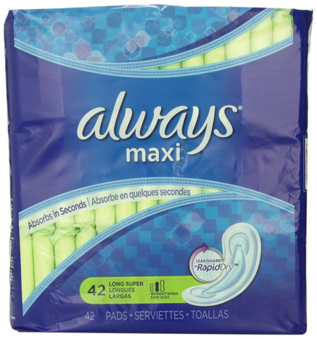 Always Maxi Size 2 Super Pads for Women, Without Wings, Unscented, 42 Count - Pack of 4 (168 Count Total)