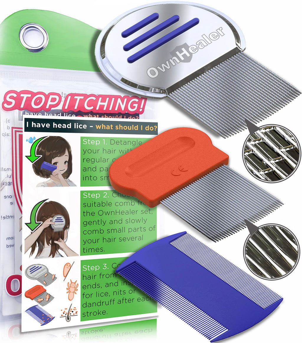 OWNHEALER Professional Lice Comb Kit - for Lice, Nits, and Dandruff Removal. Quick Results for Head Lice Treatment - Suitable fo