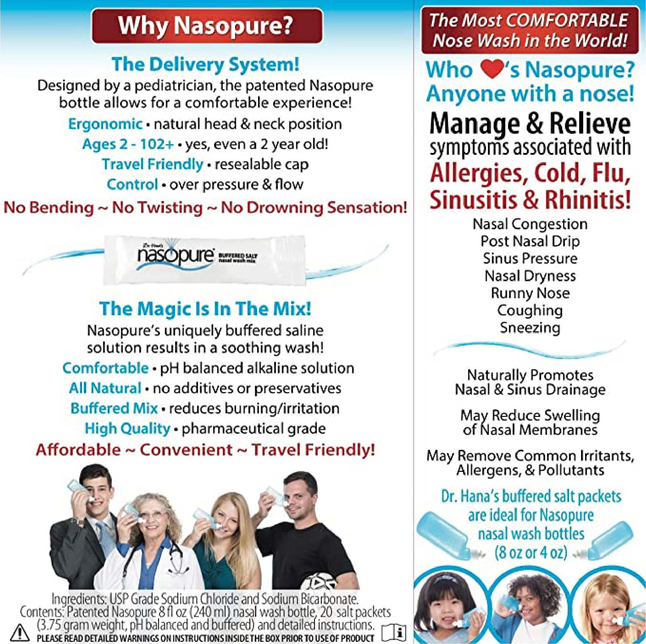 Nasopure Nasal Wash, System Kit, The Nicer Neti Pot    Sinus Wash Kit, Comfortable Nasal Rinse 8 Oz Bottle & 20 Salt Packets (3.