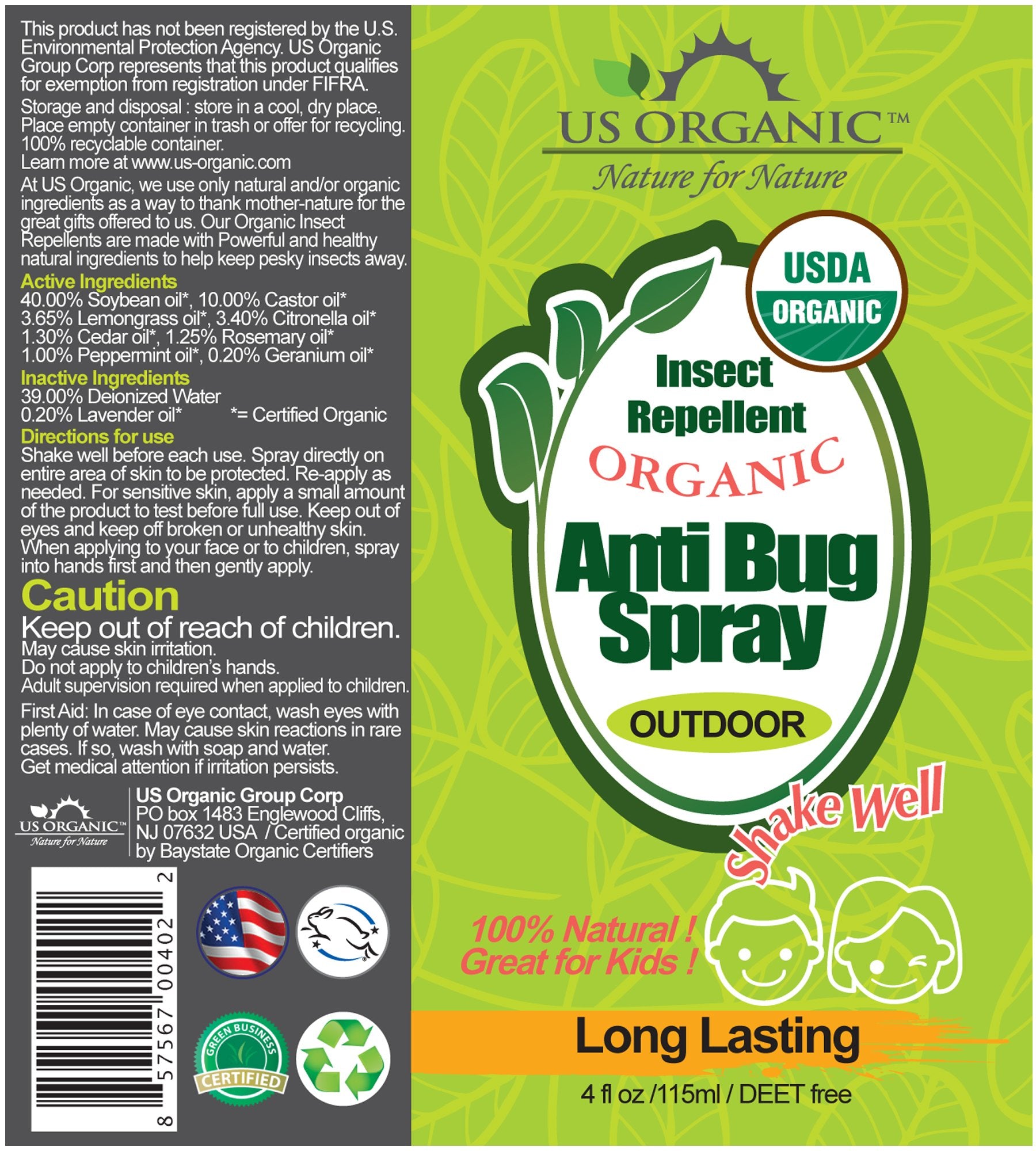 US Organic Mosquito Repellent Anti Bug Outdoor Pump Spray, 4 oz, Certified Organic, DEET-Free, Natural Insect Protection for Cam