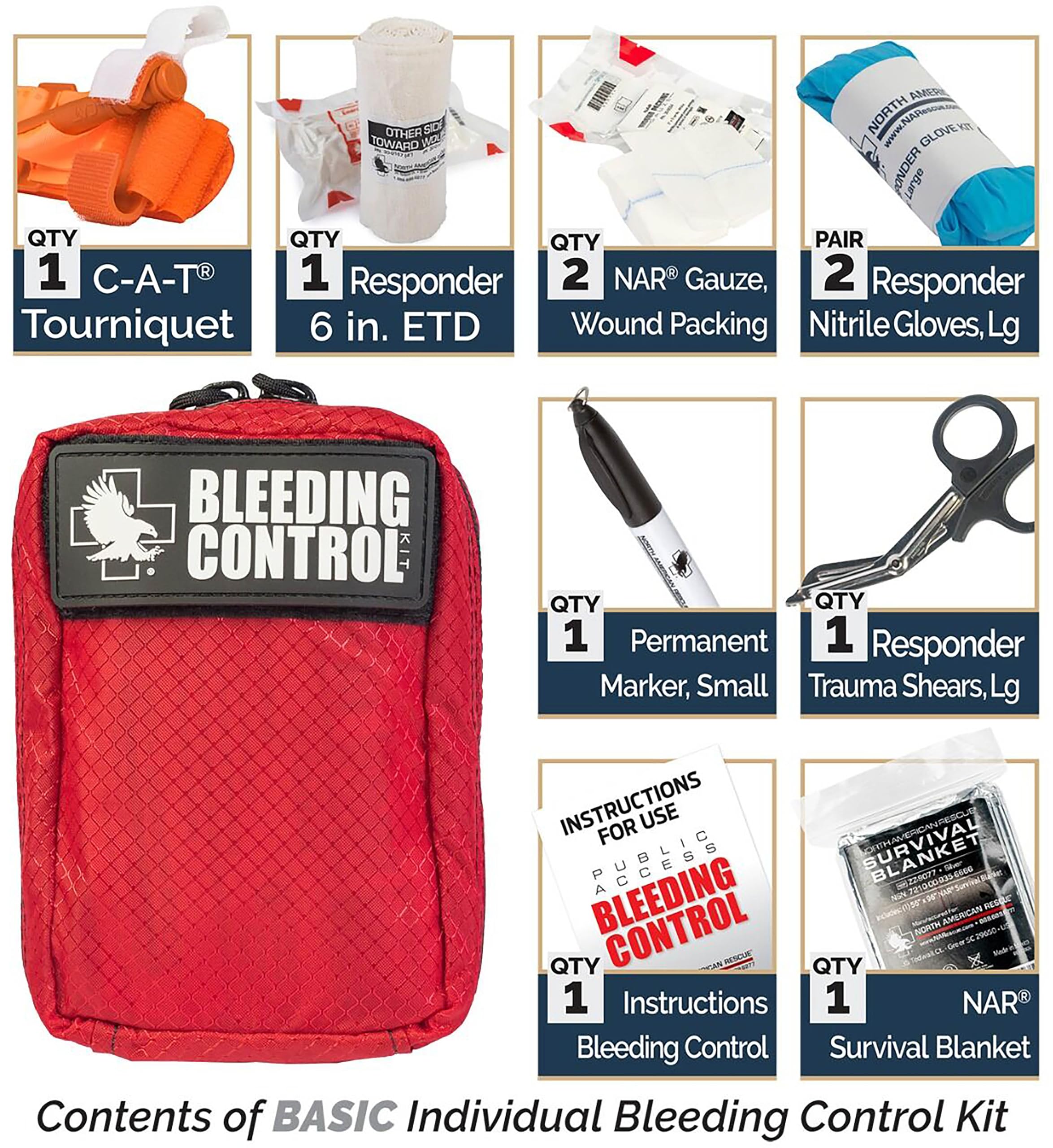 North American Rescue Public Access Individual Bleeding Control Kit (Basic) NAR Compact Blood Control Bag with C-A-T Tourniquet,