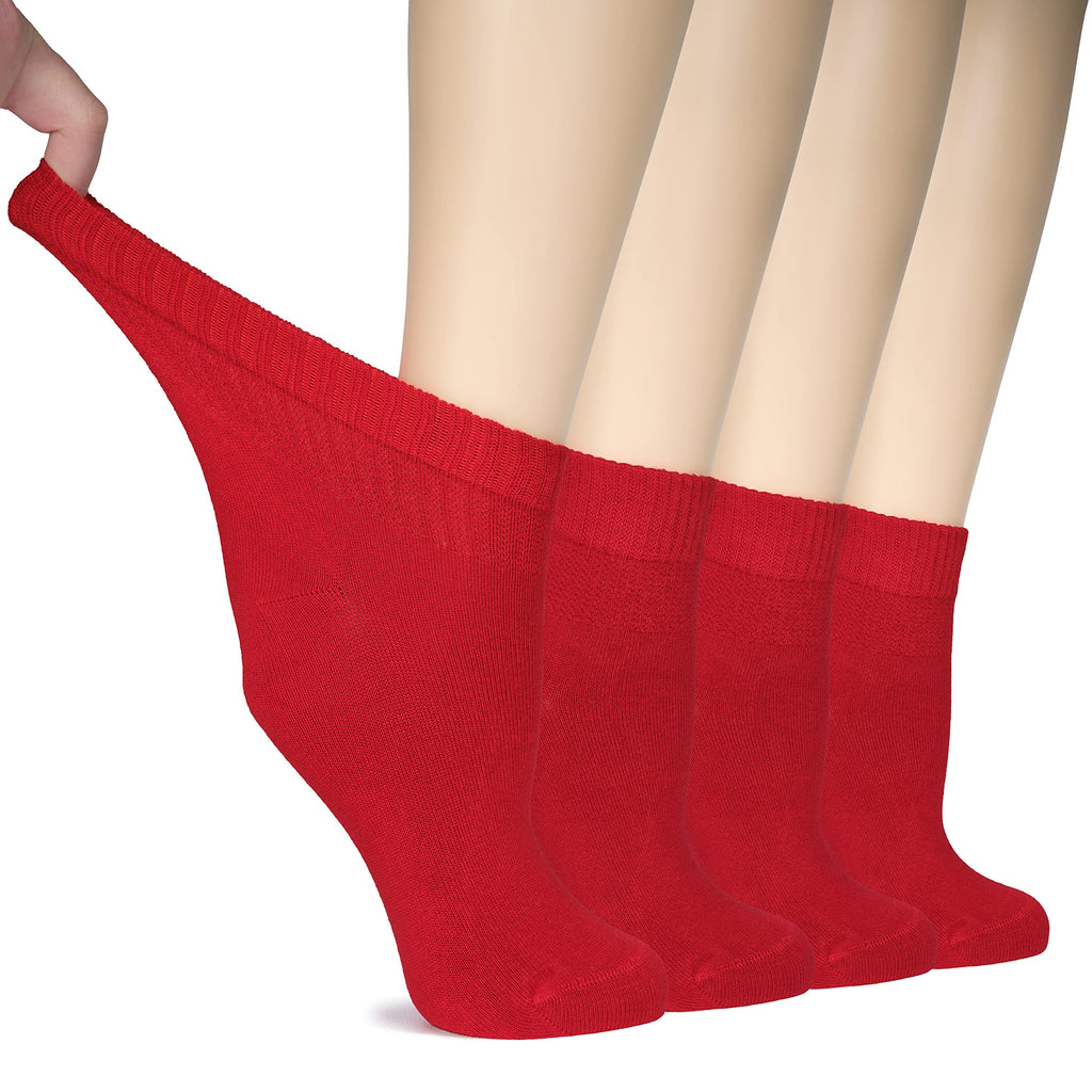 Hugh Ugoli Women Diabetic Ankle Socks, Super Soft & Thin Bamboo Socks, Wide & Loose, Non-Binding Top & Seamless Toe, 4 Pairs, Re