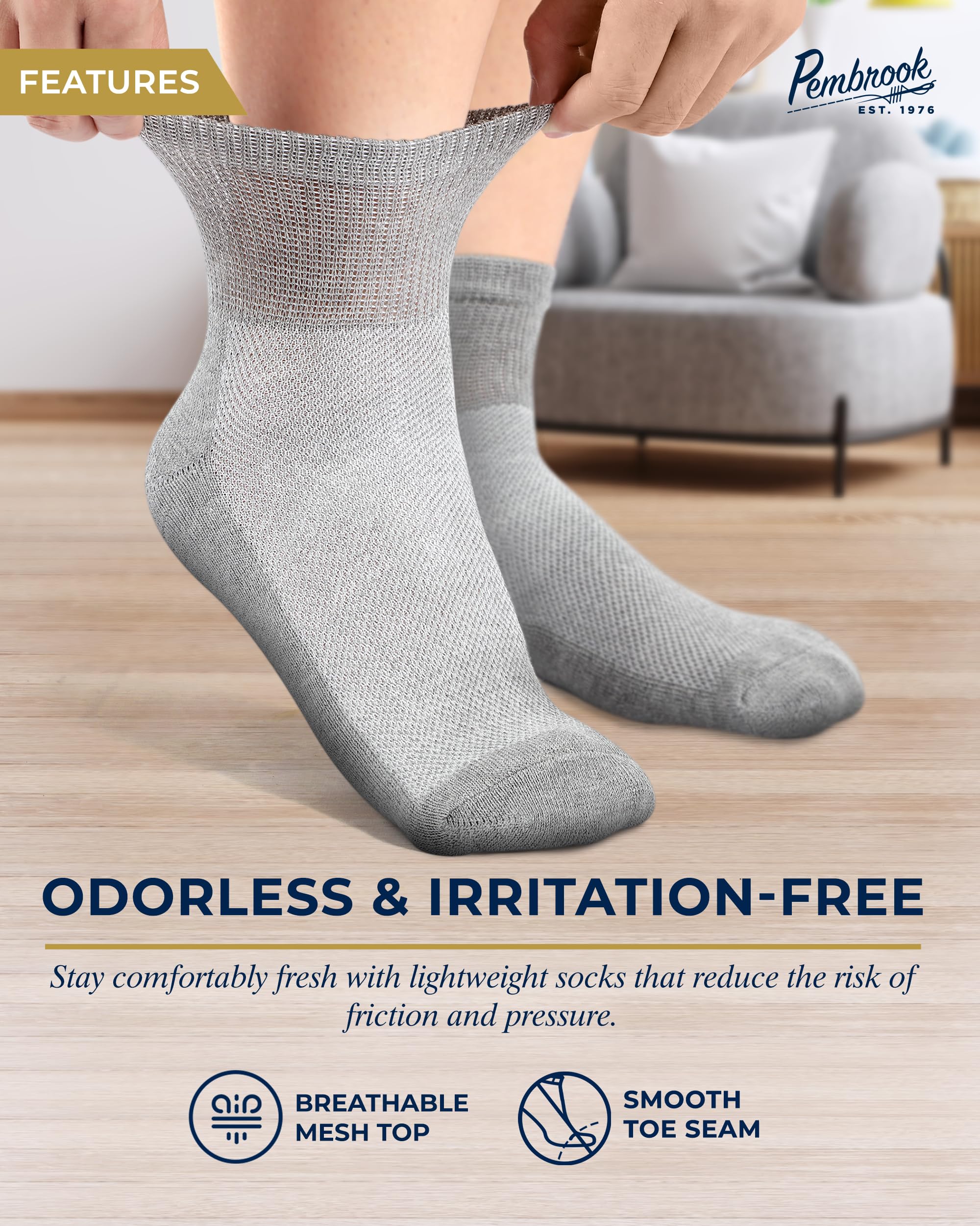 Pembrook Gray Ankle Diabetic Socks for Men & Women | 6 Pairs | Wide Stretch Top Mens Diabetic Socks | Diabetic Socks for Men 9-1