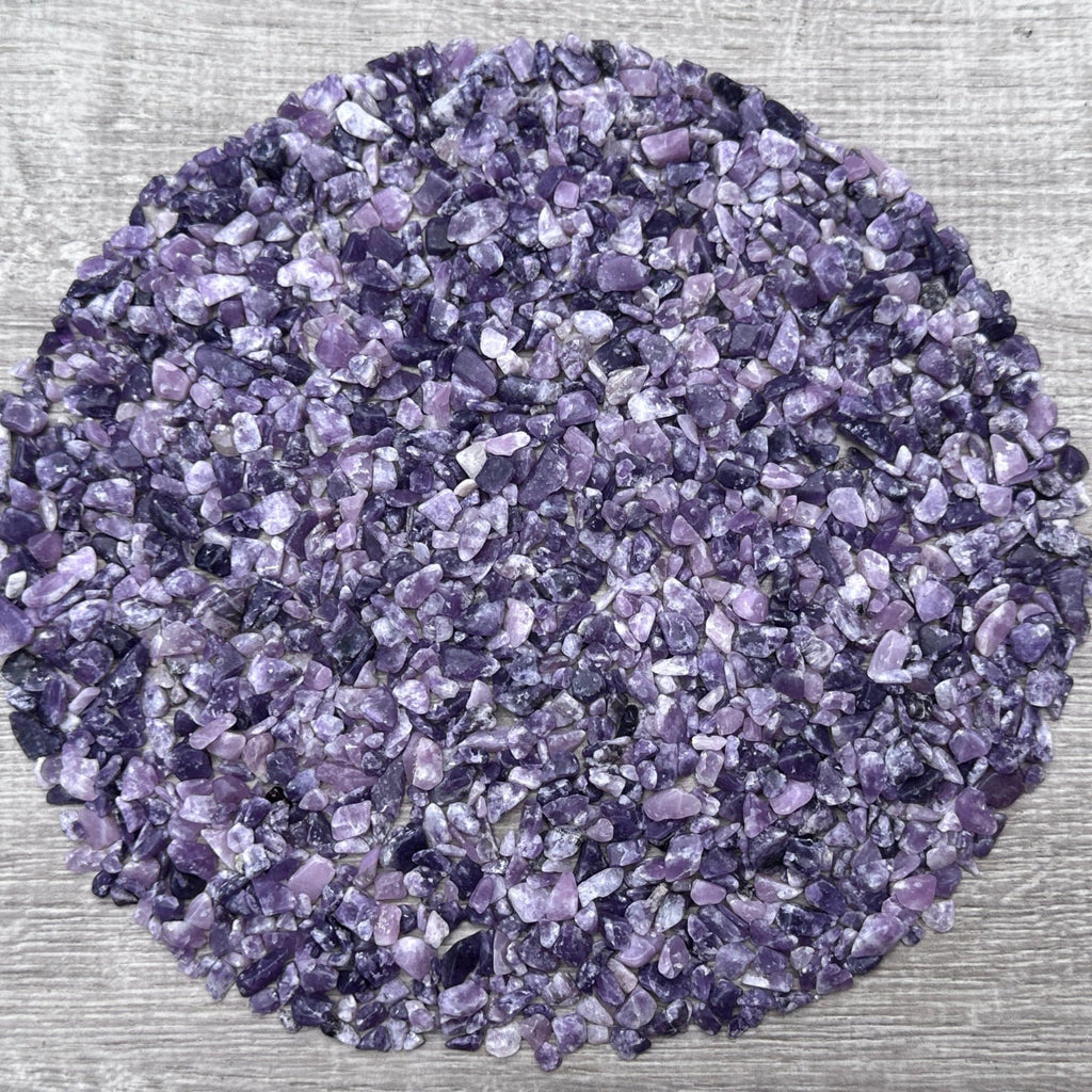 2 oz Lot Natural Semi Tumbled Gemstone Chips, Crushed Mini Crystals, Undrilled Crystal Chips (Lepidolite)