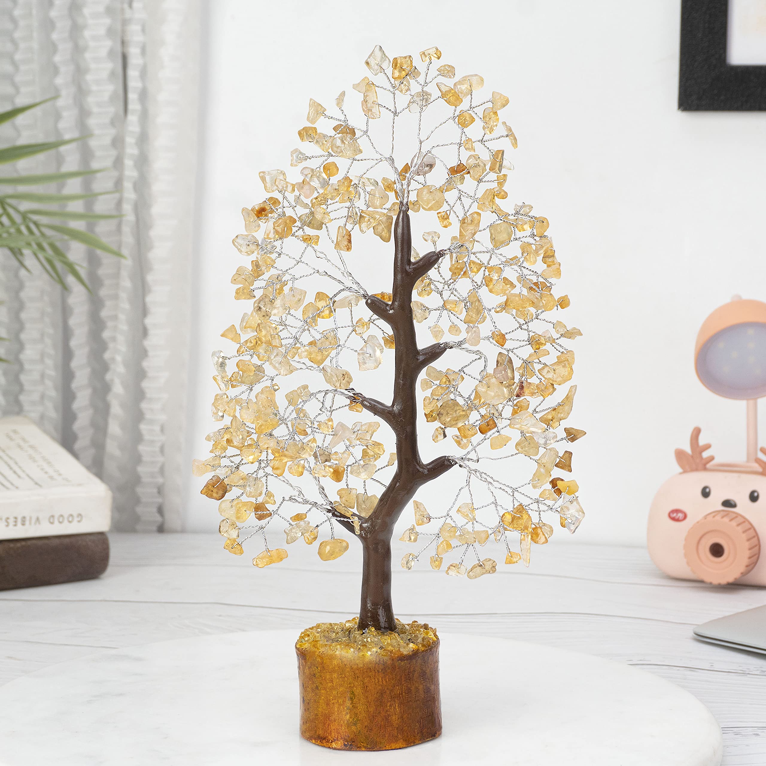 Citrine Stones and Crystal - Healing Chakra Bonsai Tree for Table Decoration Good Luck Charm Gem Stone Tree Chakra Balancing Yel