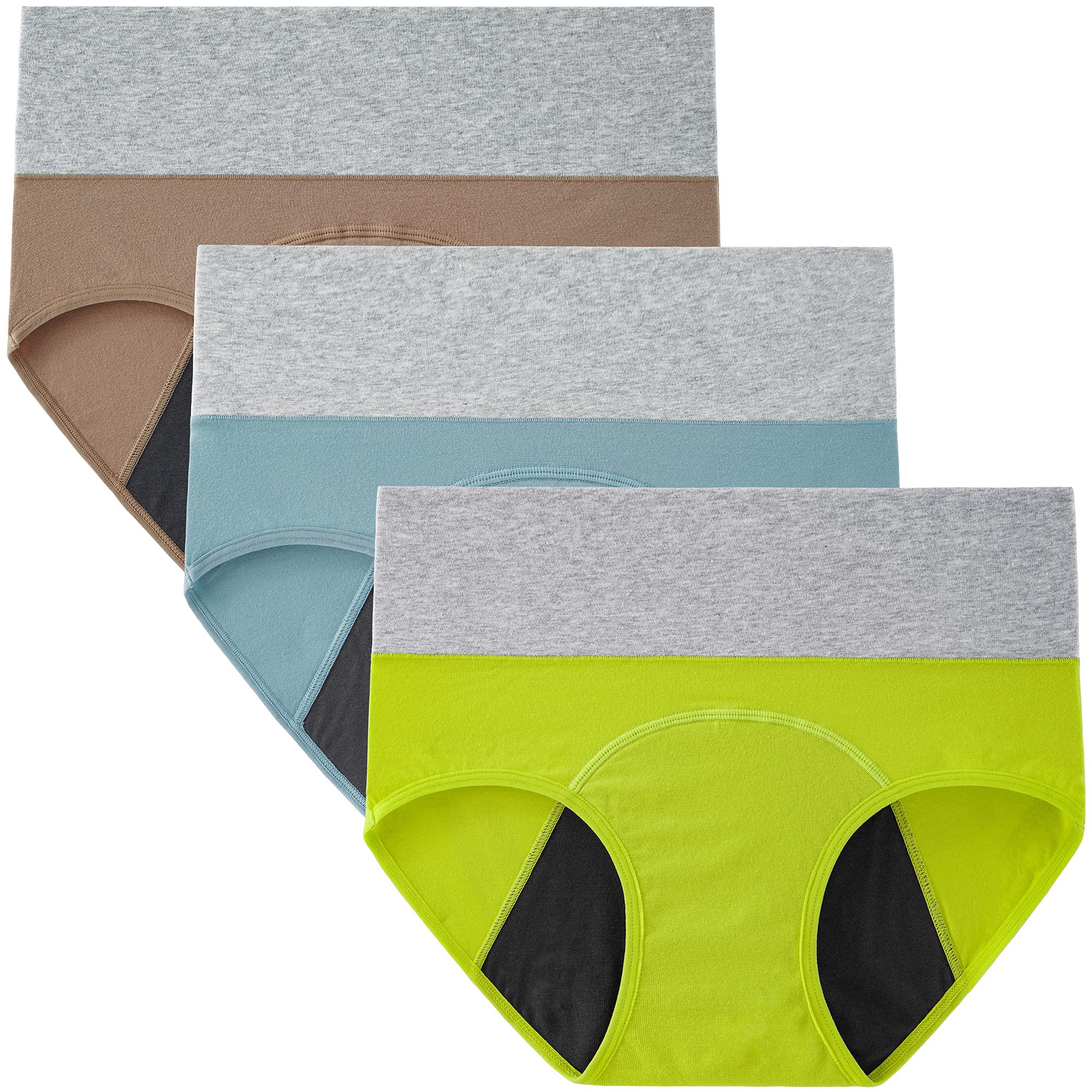 INNERSY Womens High Waisted Period Underwear Menstrual Leakproof Cotton Panties 3 Pack(Medium, Khaki/Aqua Blue/Lemon Yellow)