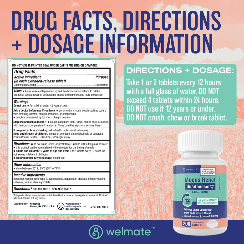 WELMATE - Mucus Relief - Guaifenesin 600mg - 12 Hr Support - Temporary Relief from Cough, Nasal & Chest Congestion, Infections,