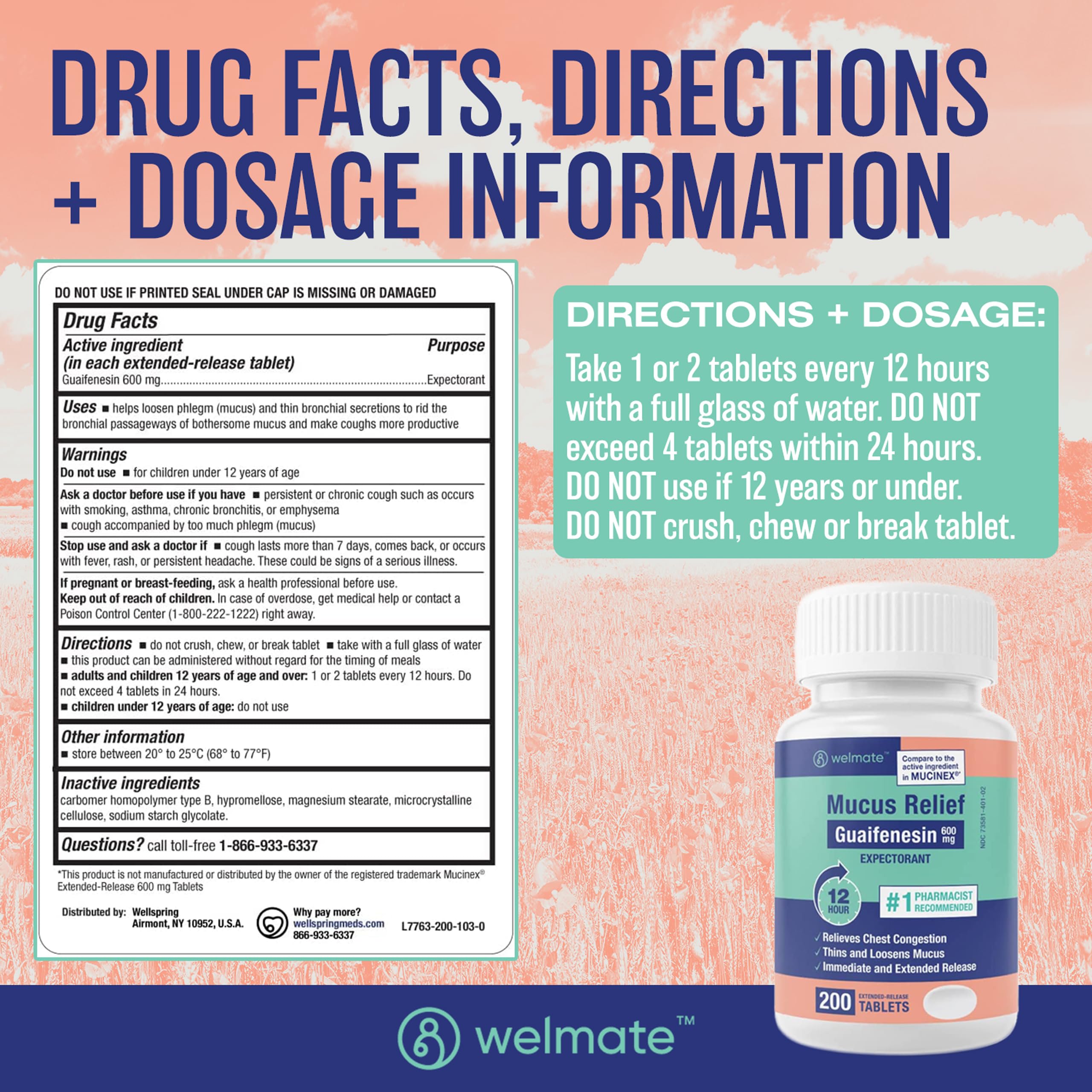 WELMATE - Mucus Relief - Guaifenesin 600mg - 12 Hr Support - Temporary Relief from Cough, Nasal & Chest Congestion, Infections,