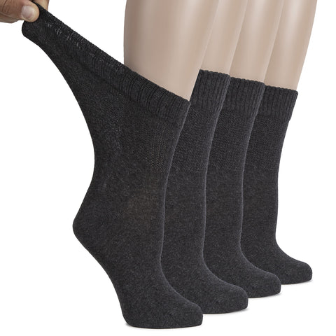 Hugh Ugoli Women's Cotton Diabetic Crew Socks, Wide, Thin, Loose Fit and Stretchy, Seamless Toe & Non-Binding Top, 4 Pairs, Char