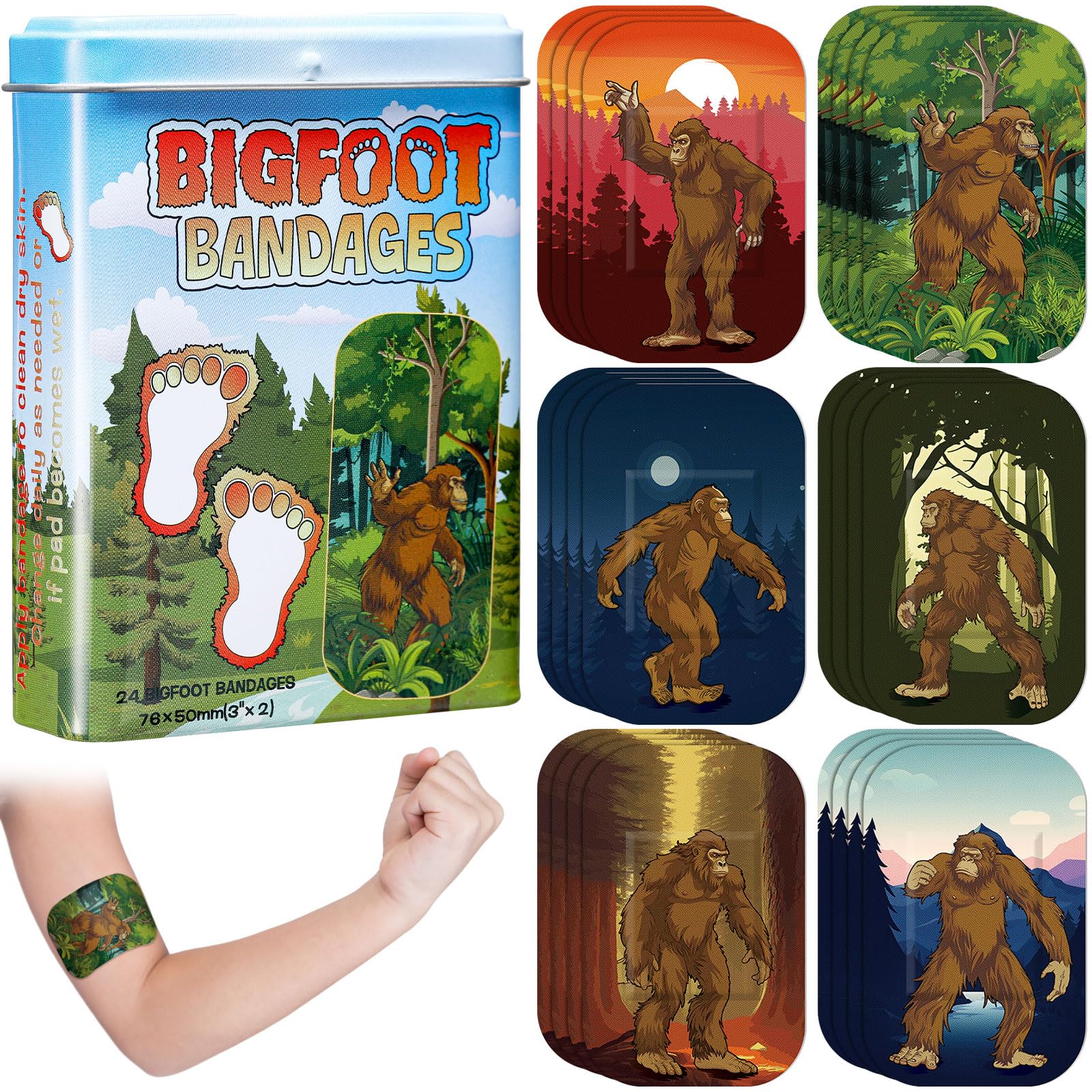 Nuanchu 24 Pcs Bigfoot Bandages Sasquatch Gifts 6 Patterns Christmas Funny Bigfoot Gifts Waterproof Large Bandages for Adults We