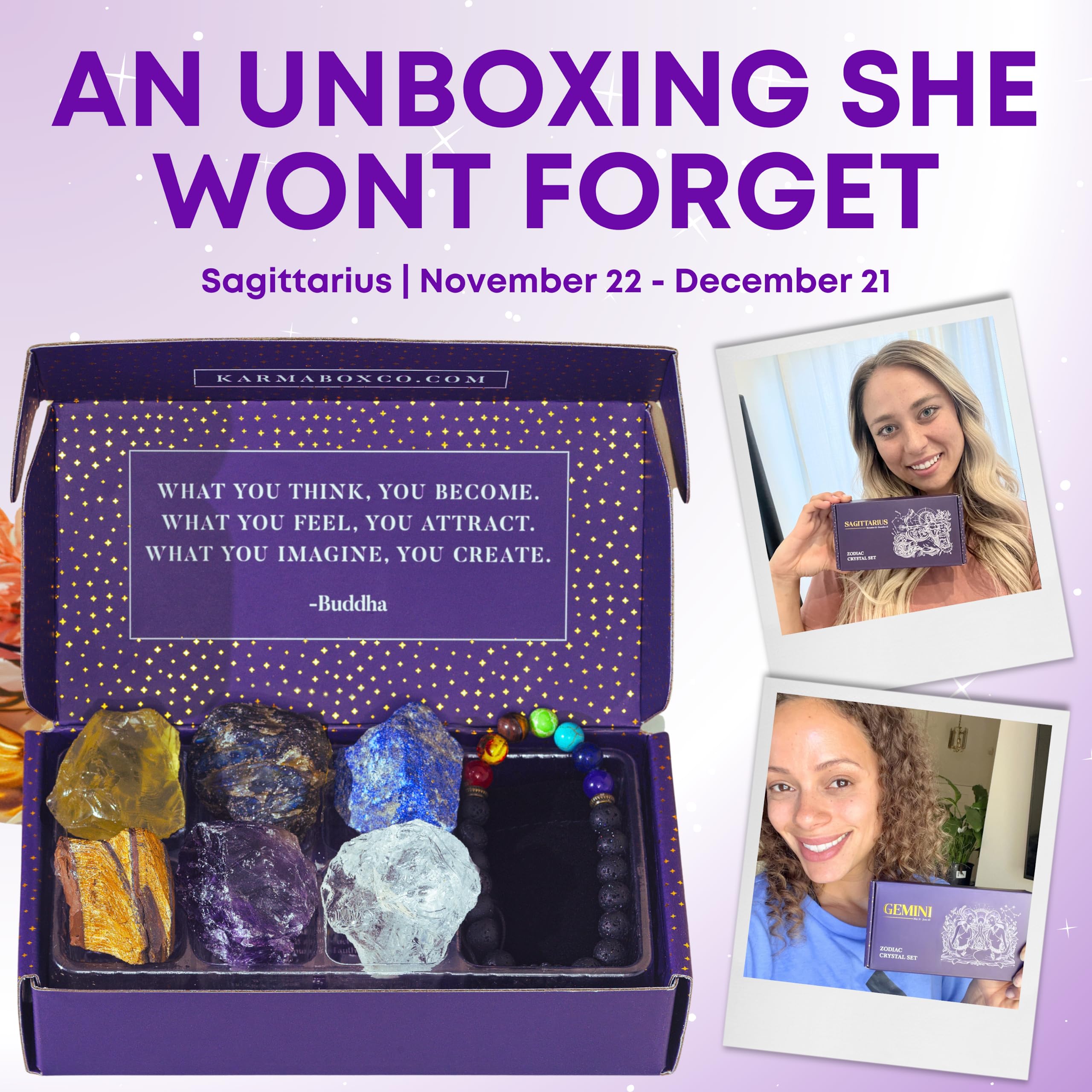 KARMABOX Sagittarius Gifts for Women - Sagittarius Crystal Healing Stone Gift Set - Zodiac Birthday Gifts - Astrology Gifts for