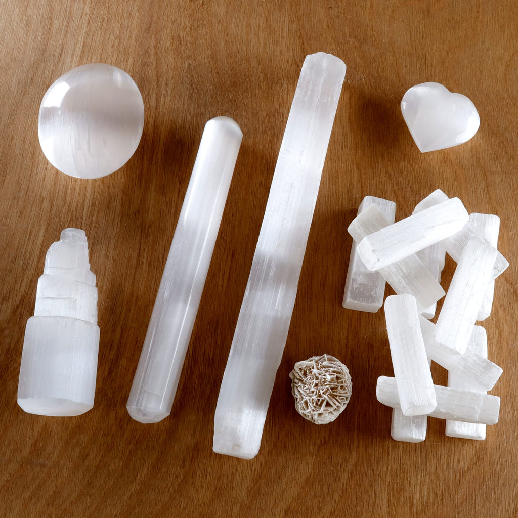 DANCING BEAR Selenite Protection Collection (22 pc Set): 12-15 Sticks (1.5-2   ), Palm Stone, Heart, Tower, 8 Stick, 5.5 Massage