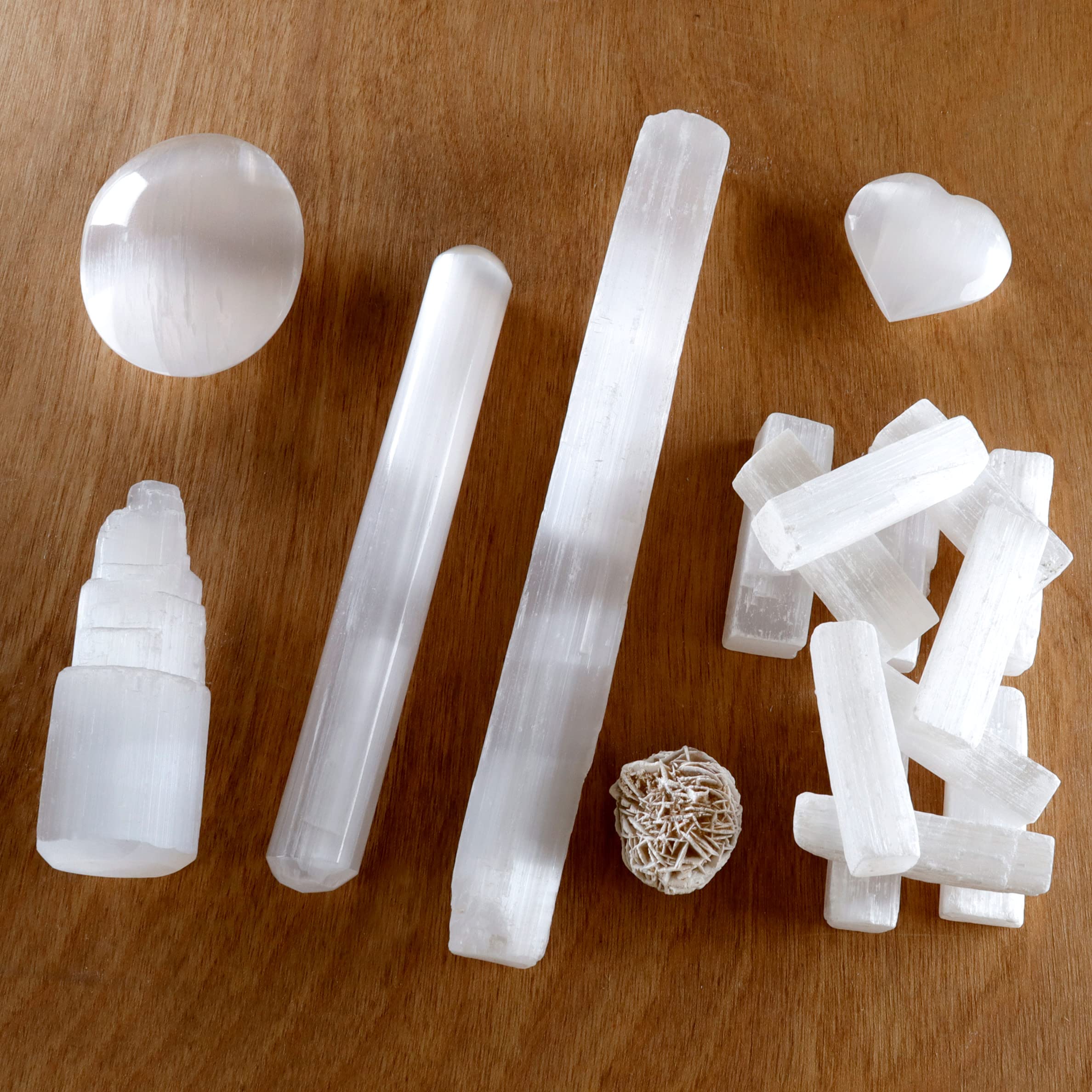 DANCING BEAR Selenite Protection Collection (22 pc Set): 12-15 Sticks (1.5-2   ), Palm Stone, Heart, Tower, 8 Stick, 5.5 Massage