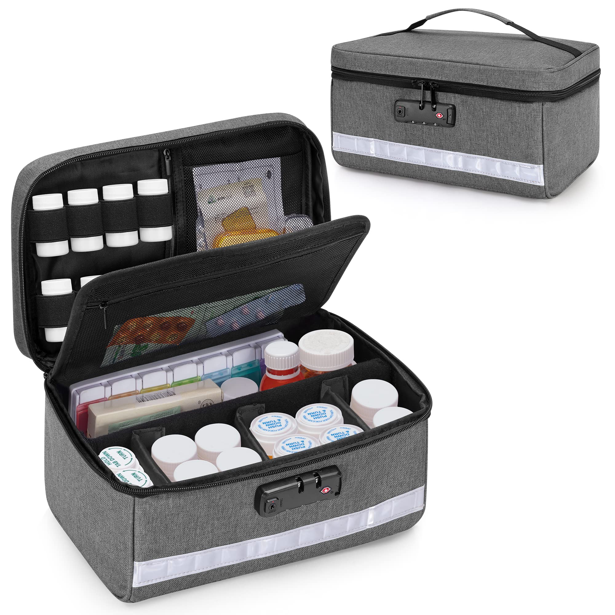 Damero Locking Pill Bottle Organizer with Inner Dividers, Medicine Storage and Organizer Bag Combination Lock for Medicine, Vita