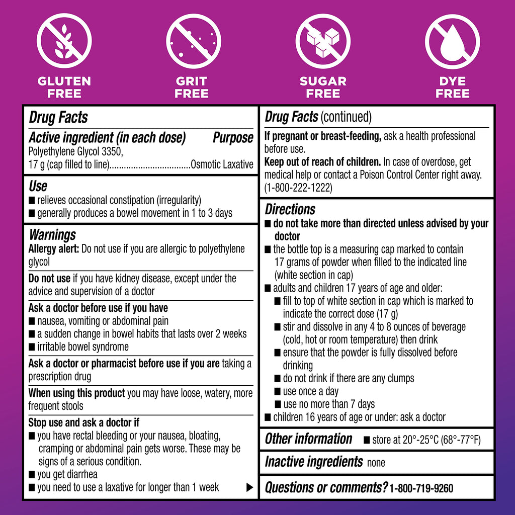 Amazon Basic Care ClearLax Polyethylene Glycol 3350 Powder for Solution, Osmotic Laxative, Relieves Occasional Constipation, Unf