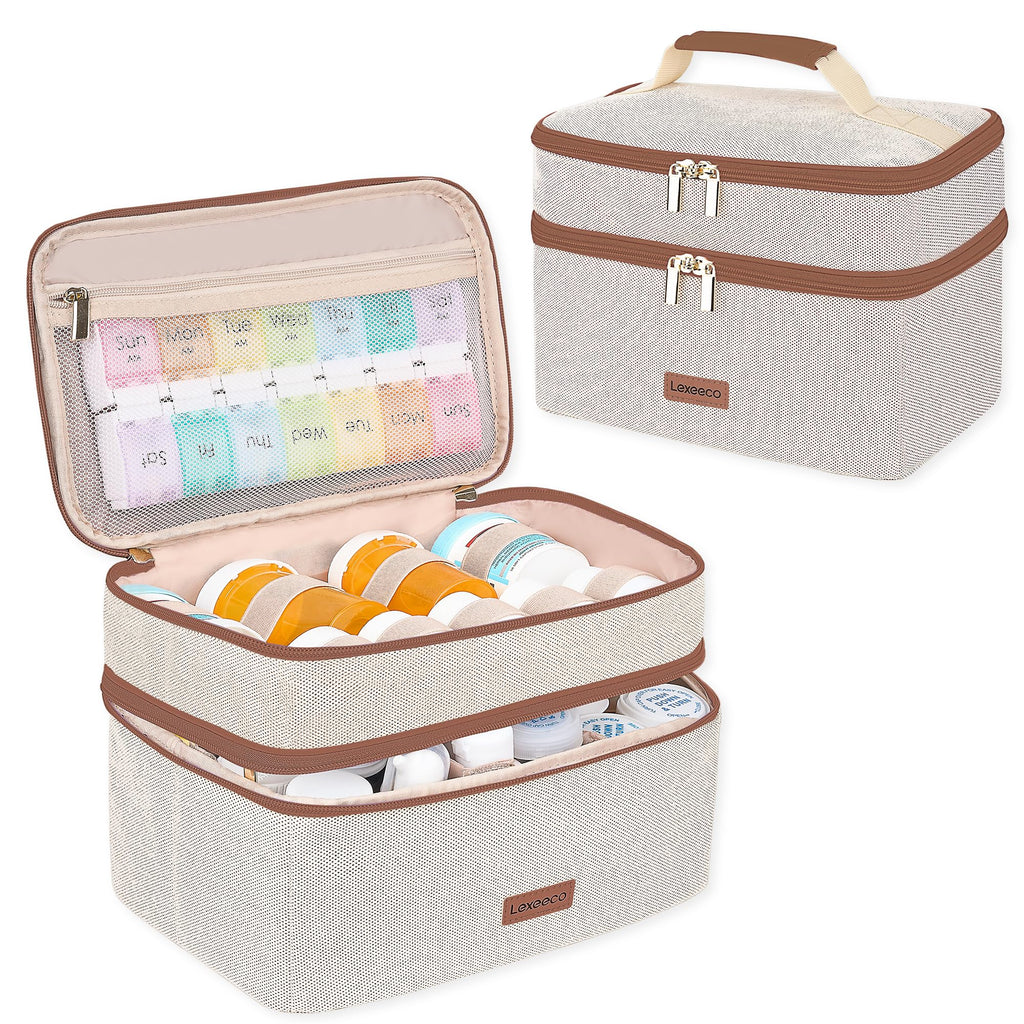 Lexeeco Medicine Bag for Traveling, Dual Layers Medicine Pill Organizer Medication Pill Bottle Storage with Lockable Zipper, Med