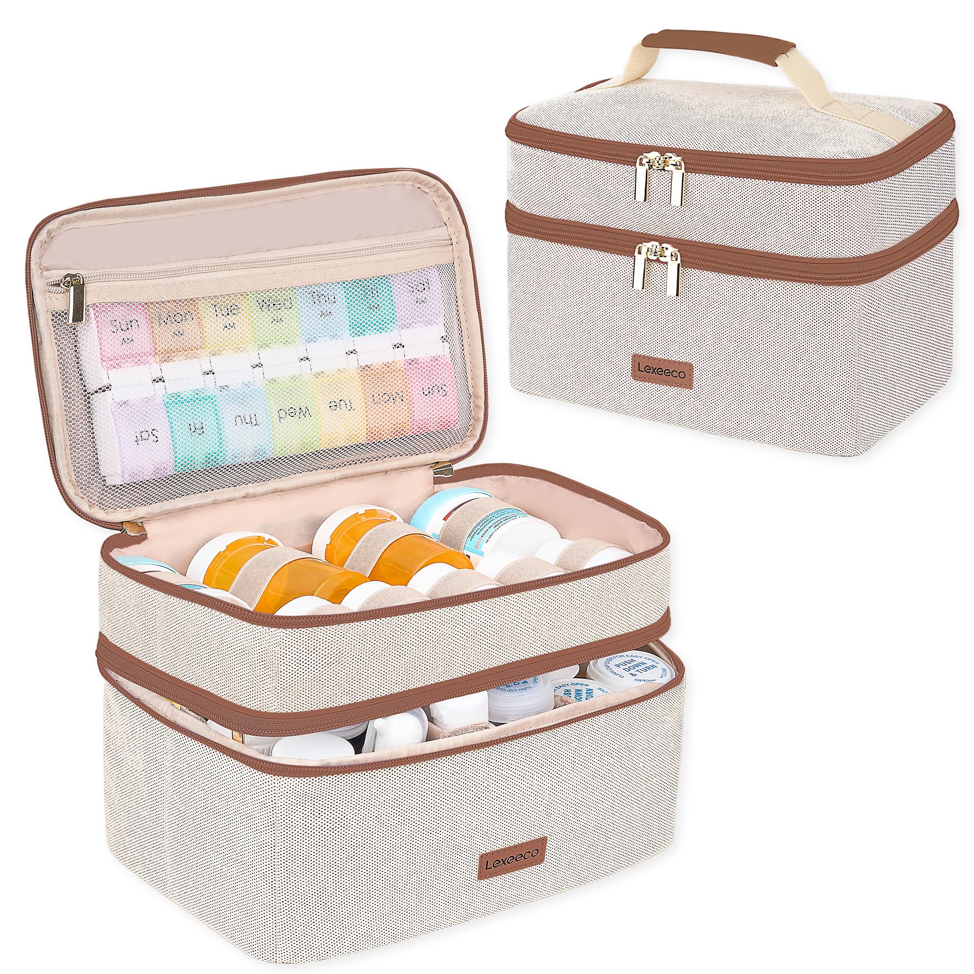 Lexeeco Medicine Bag for Traveling, Dual Layers Medicine Pill Organizer Medication Pill Bottle Storage with Lockable Zipper, Med
