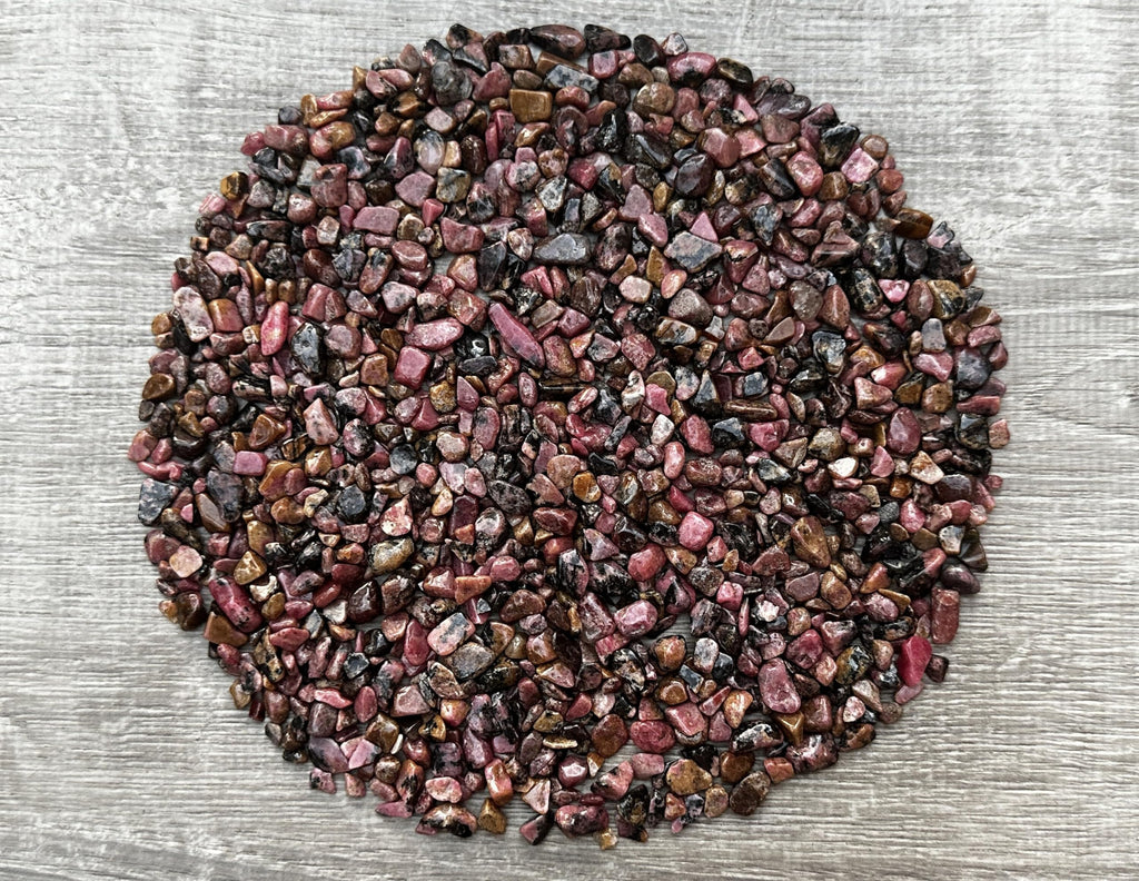 0.5 Pound Natural Semi Tumbled Rhodonite Gemstone Chips, Crushed Mini Rhodonite Crystals, Undrilled Crystal Chips (Rhodonite)