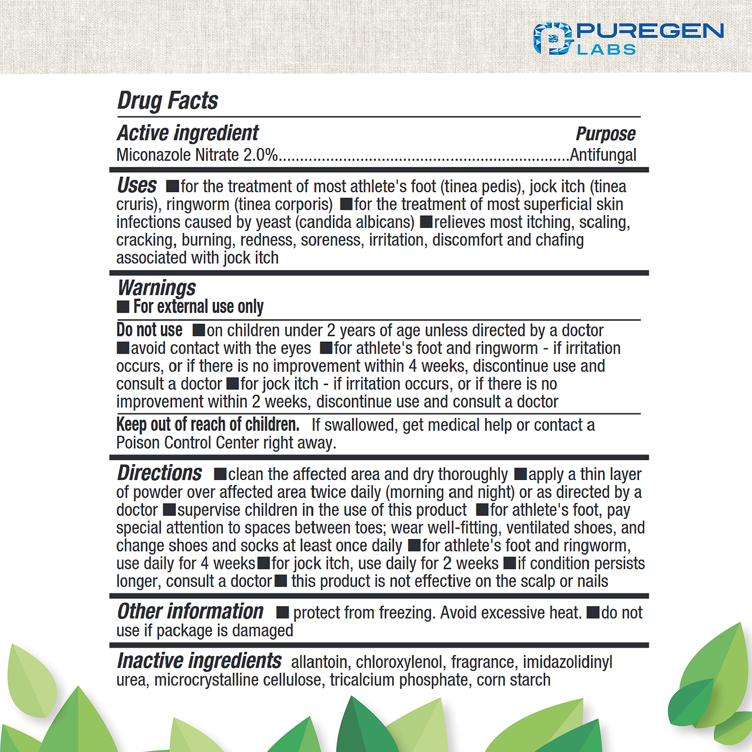 Puregen Labs Antifungal Powder with 2% Miconazole Nitrate for Common Fungal Infections Including Athletes Foot, Jock Itch and Ri